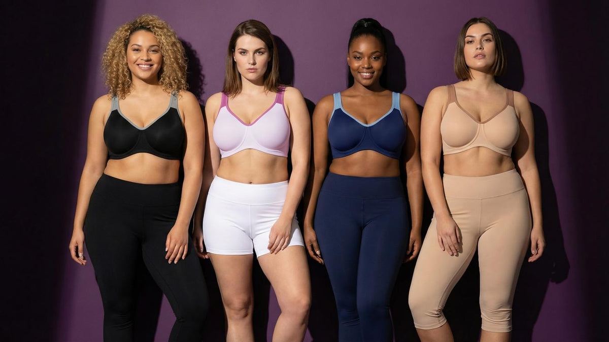 Four diverse women modeling full-coverage bras in black, pink, navy, and nude against purple backdrop, showing inclusive sizing for large bust support