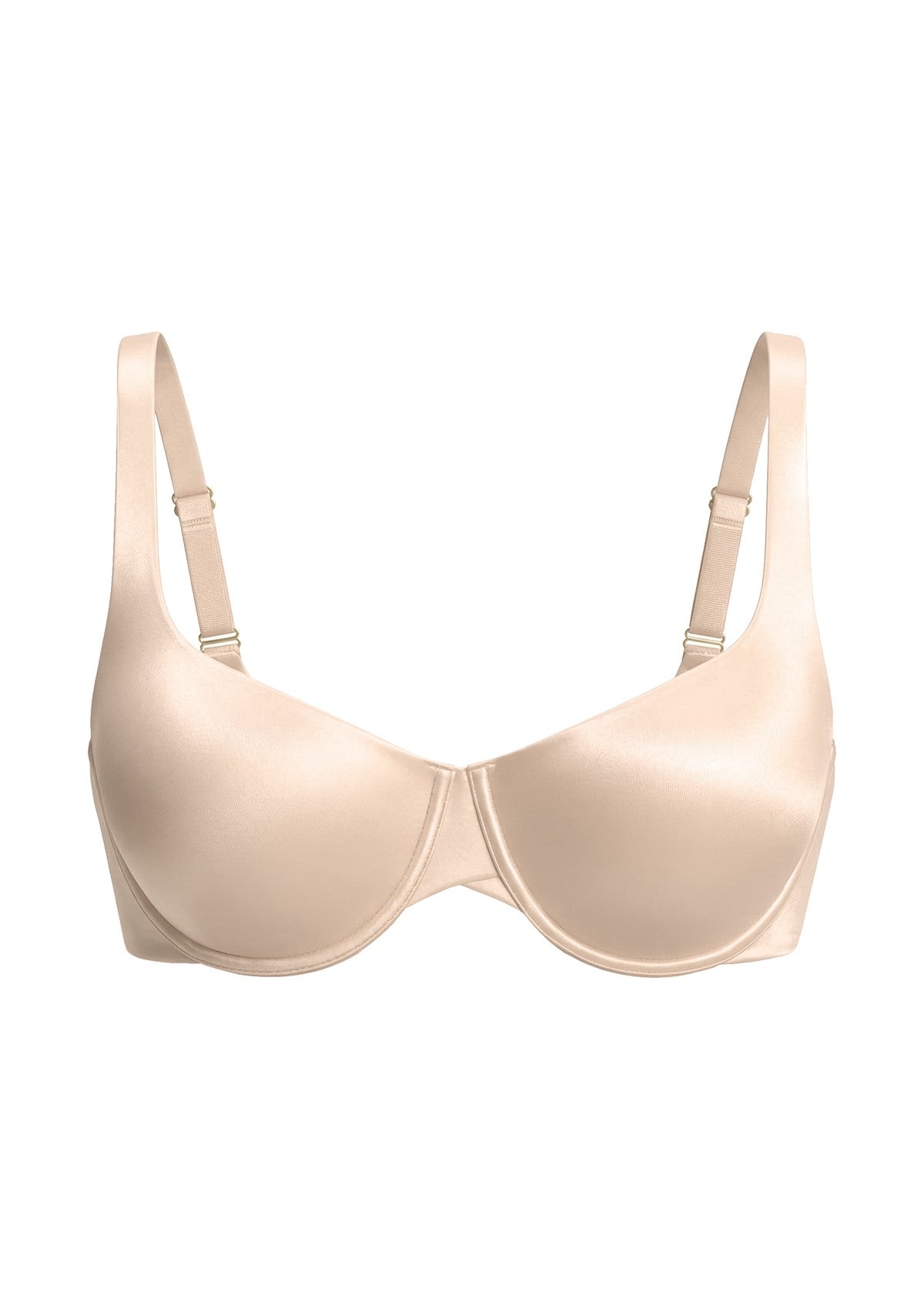 3D flat lay of the HSIA light beige satin everyday bra, detailing the bandless design and premium shimmer fabric.