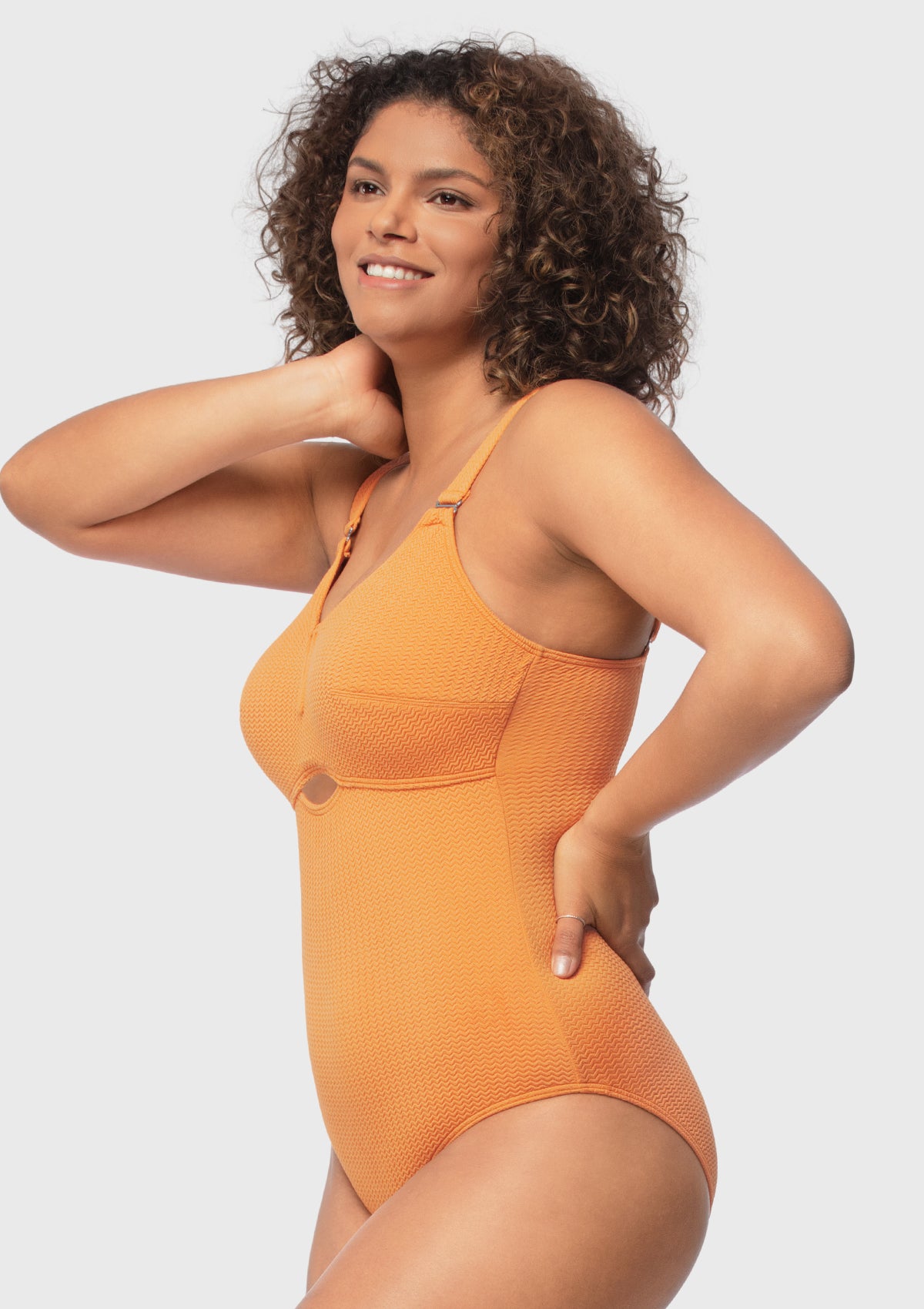 Sandwich Air cup V-wire Plunge Textured One-piece Cutout Swimsuit - HSIA