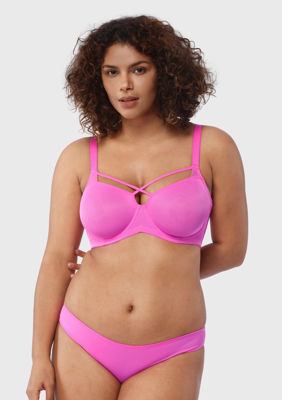Billie Cross Front Strap Barbie Pink Smooth Sheer Mesh Underwire Bra - HSIA