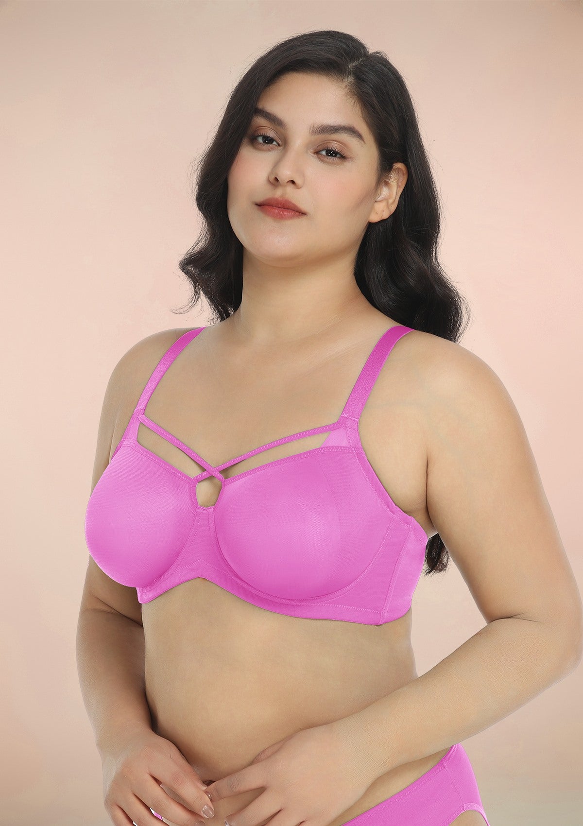 Billie Cross Front Strap Barbie Pink Smooth Sheer Mesh Underwire Bra - HSIA
