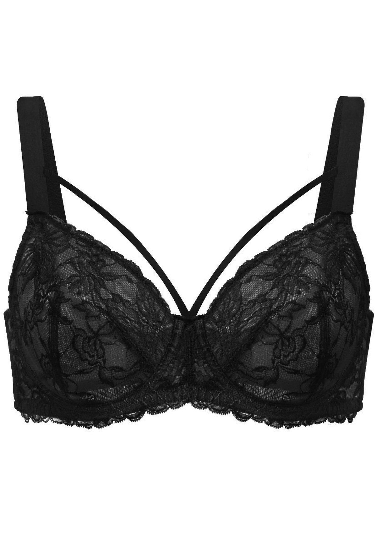 Pretty In Petals Black Unlined Strappy Lace Bra - HSIA
