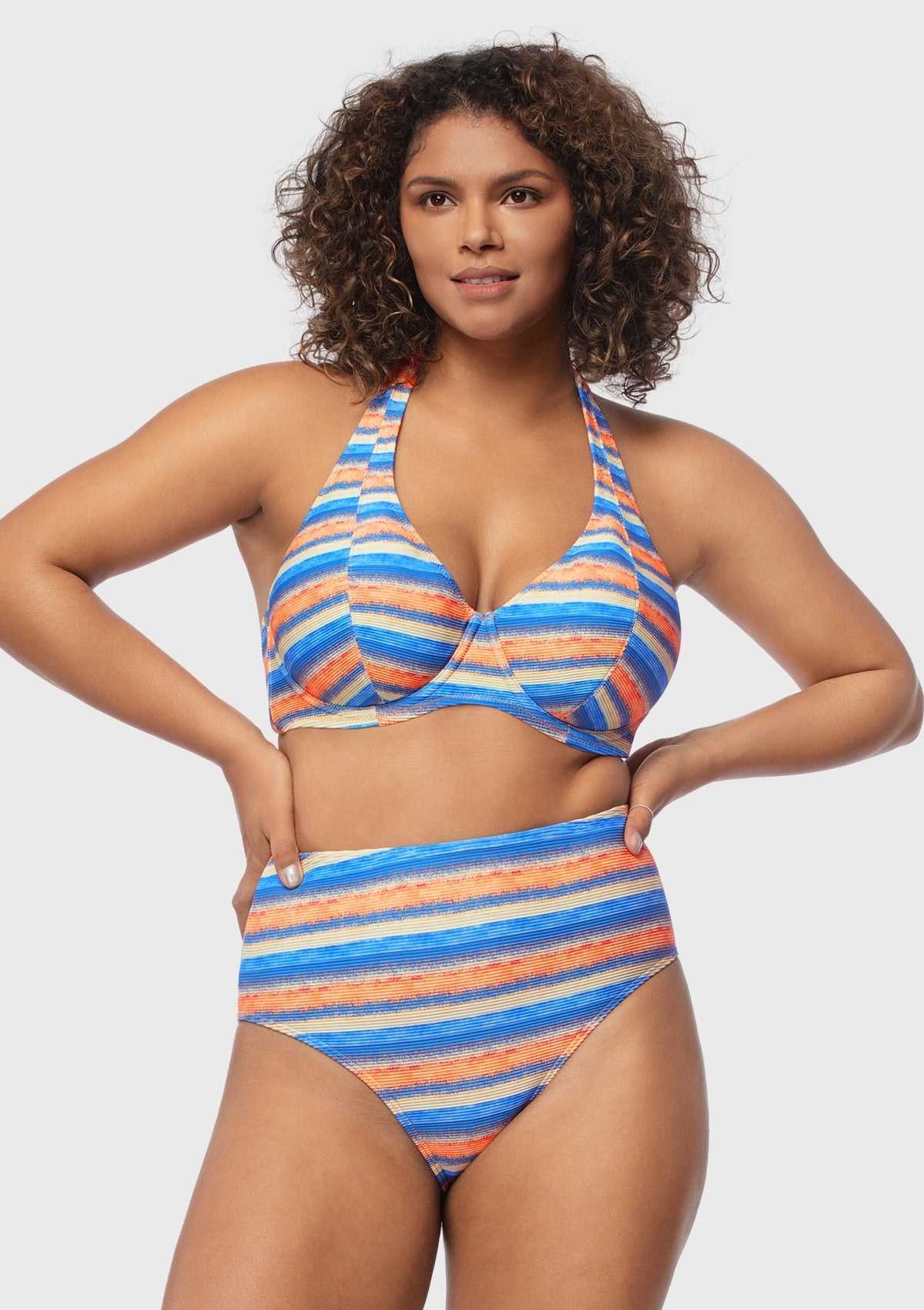 Multi Colored Striped Textured Halter Bikini Set - HSIA