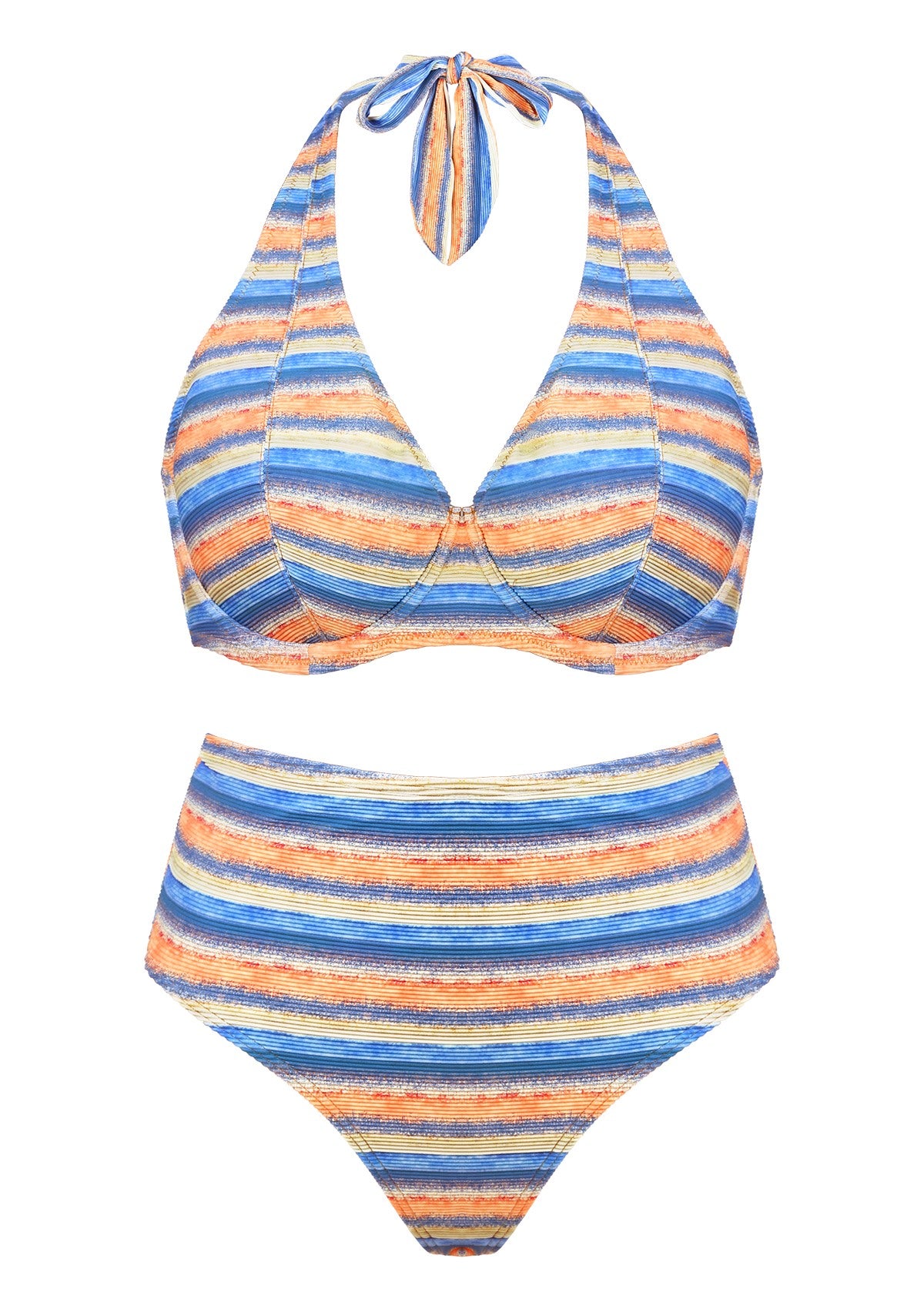 Multi Colored Striped Textured Halter Bikini Set - HSIA