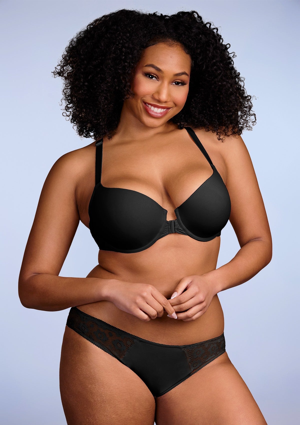 Serena Front-Close Lace-Back Black Underwire Bra Set - HSIA