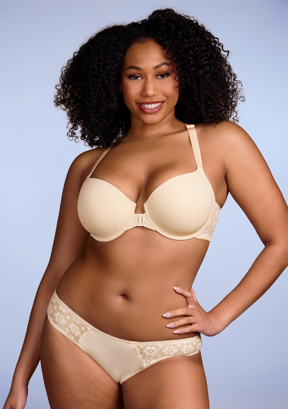 Serena Front-Close Champagne Lace-Back Racerback Underwire Bra Set - HSIA