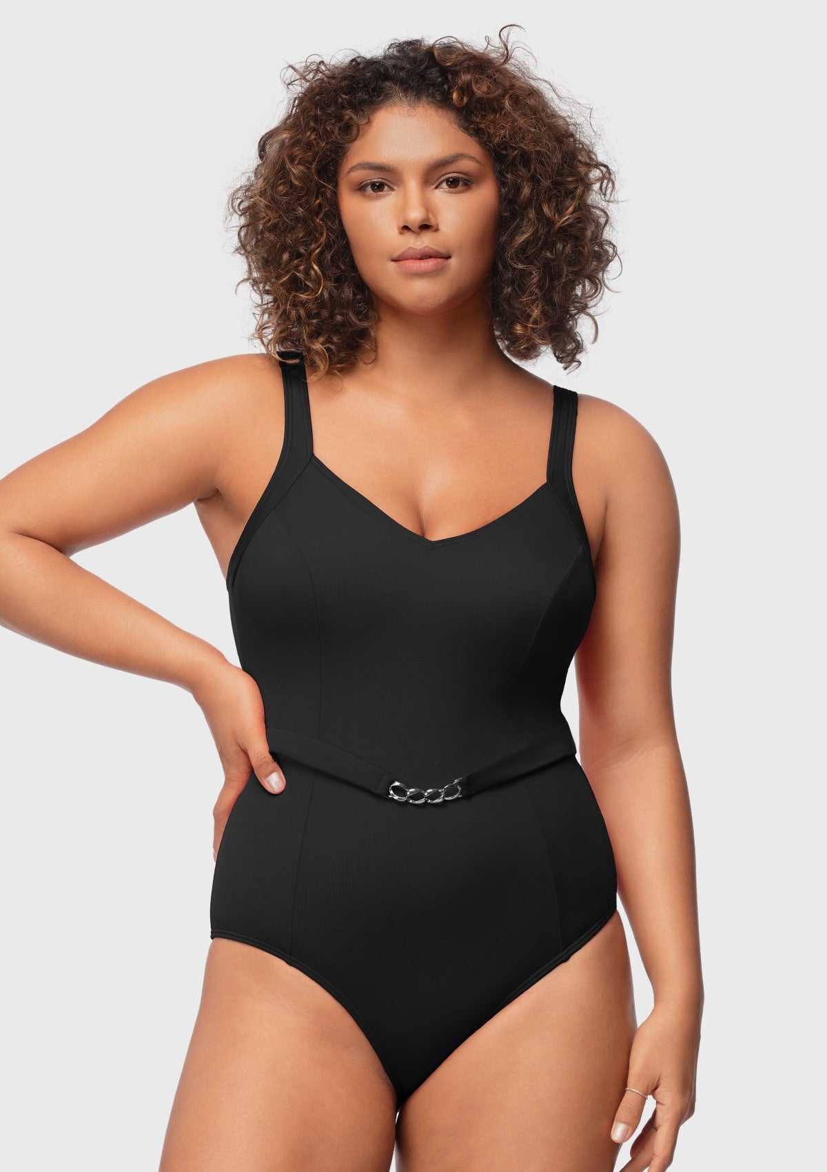 V-Neck Chain Trim One-Piece Swimwear - HSIA