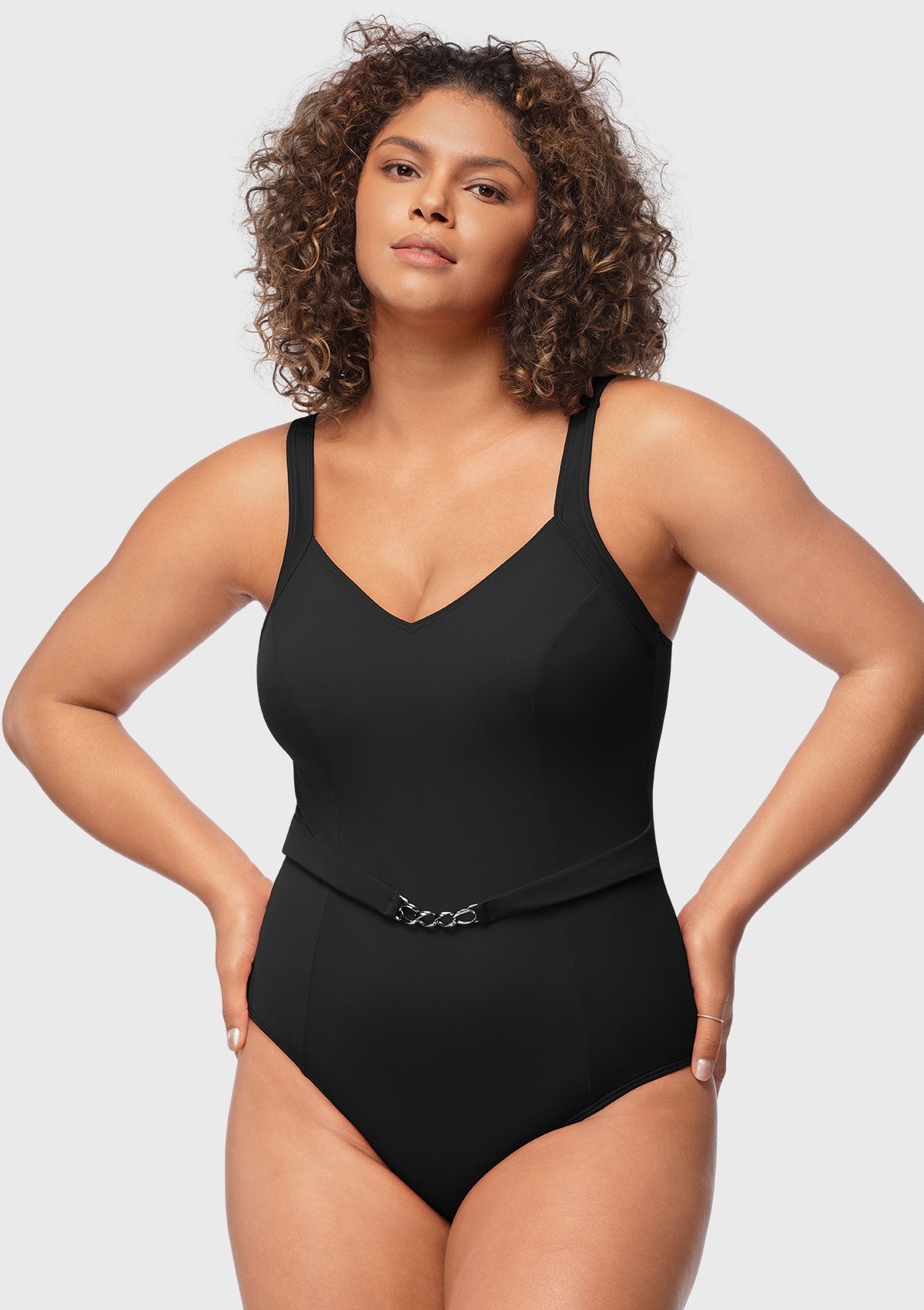V-Neck Chain Trim One-Piece Swimwear - HSIA