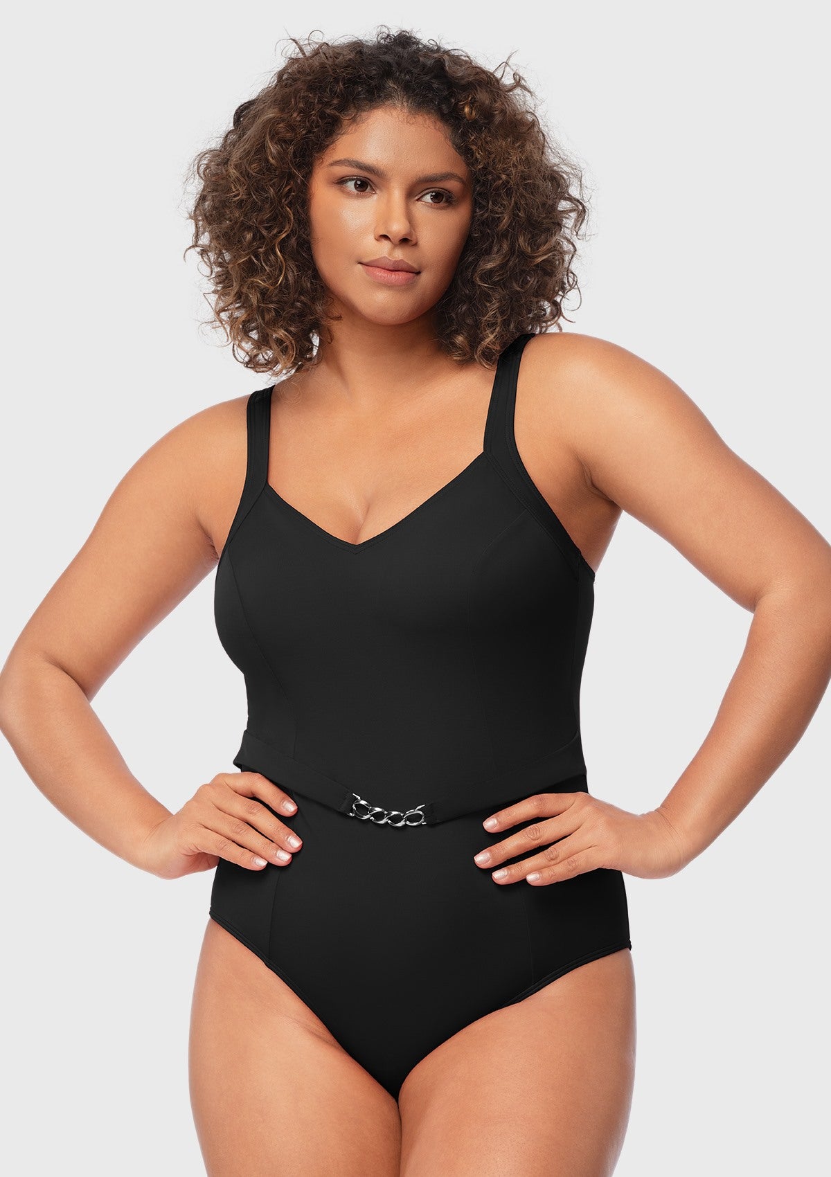 V-Neck Chain Trim One-Piece Swimwear - HSIA