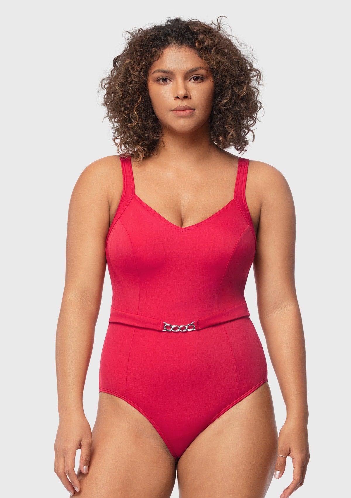 V-Neck Chain Trim One-Piece Swimwear - HSIA