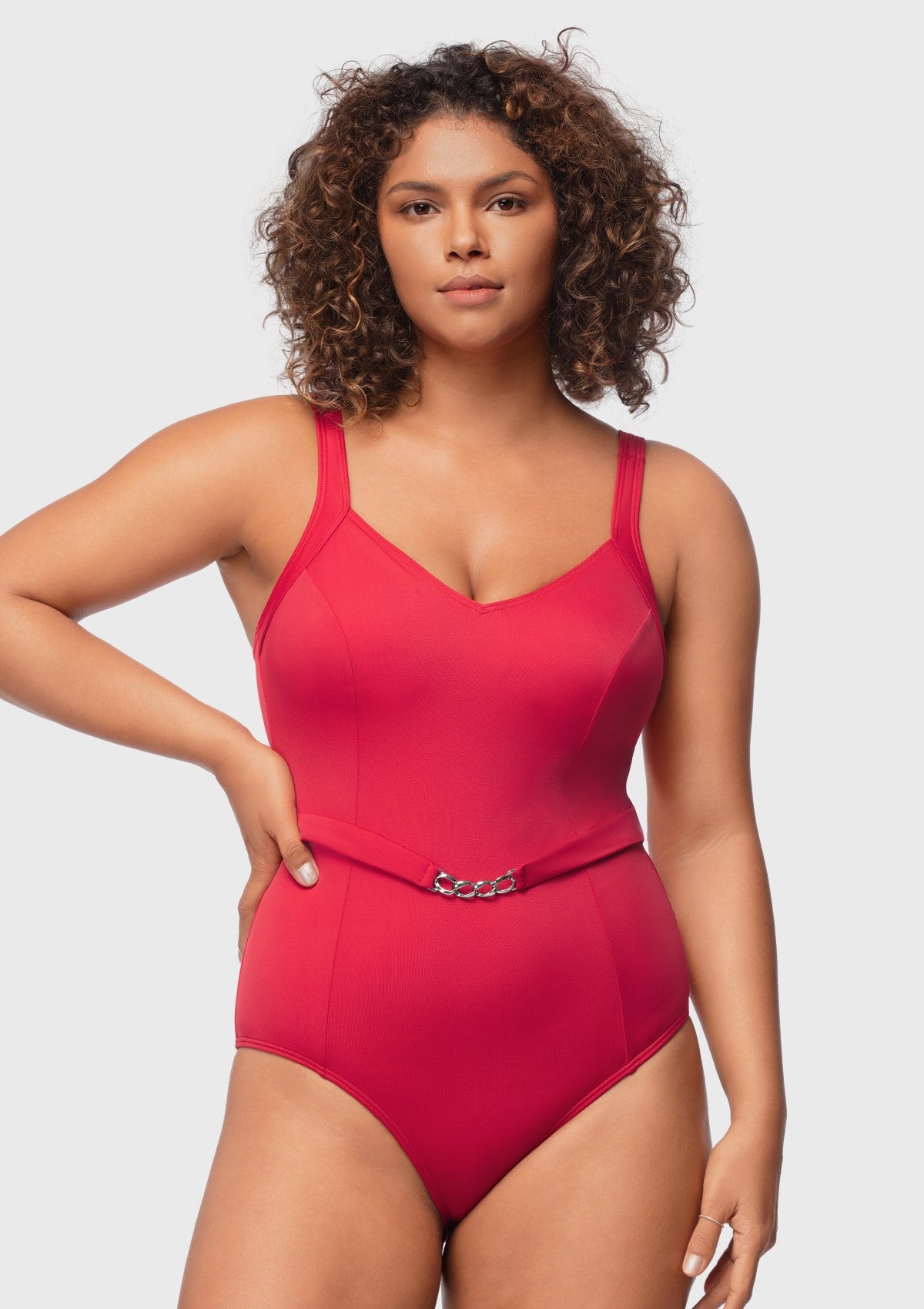 V-Neck Chain Trim One-Piece Swimwear - HSIA