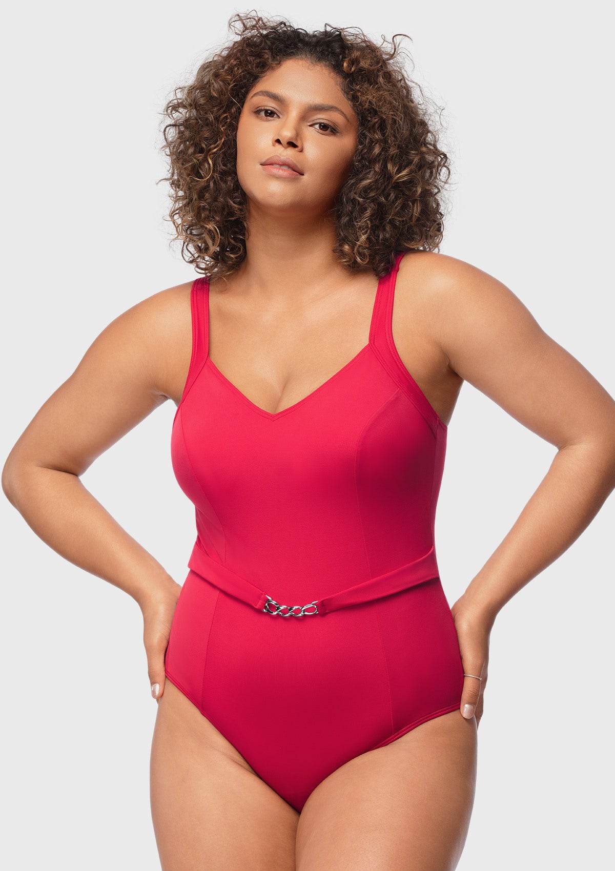 V-Neck Chain Trim One-Piece Swimwear - HSIA