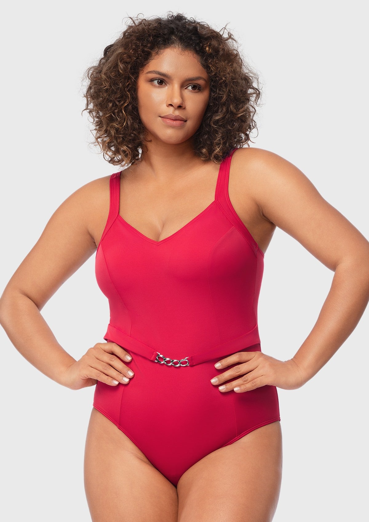 V-Neck Chain Trim One-Piece Swimwear - HSIA