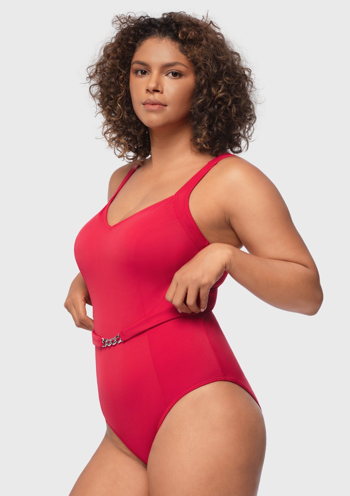 V-Neck Chain Trim One-Piece Swimwear - HSIA