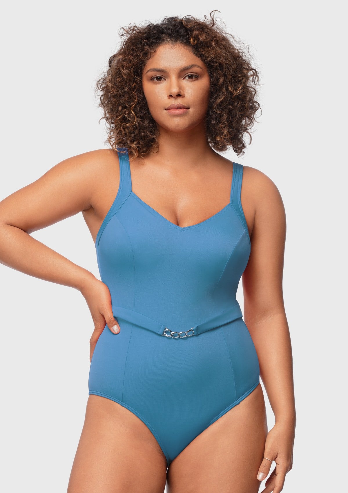 V-Neck Chain Trim One-Piece Swimwear - HSIA