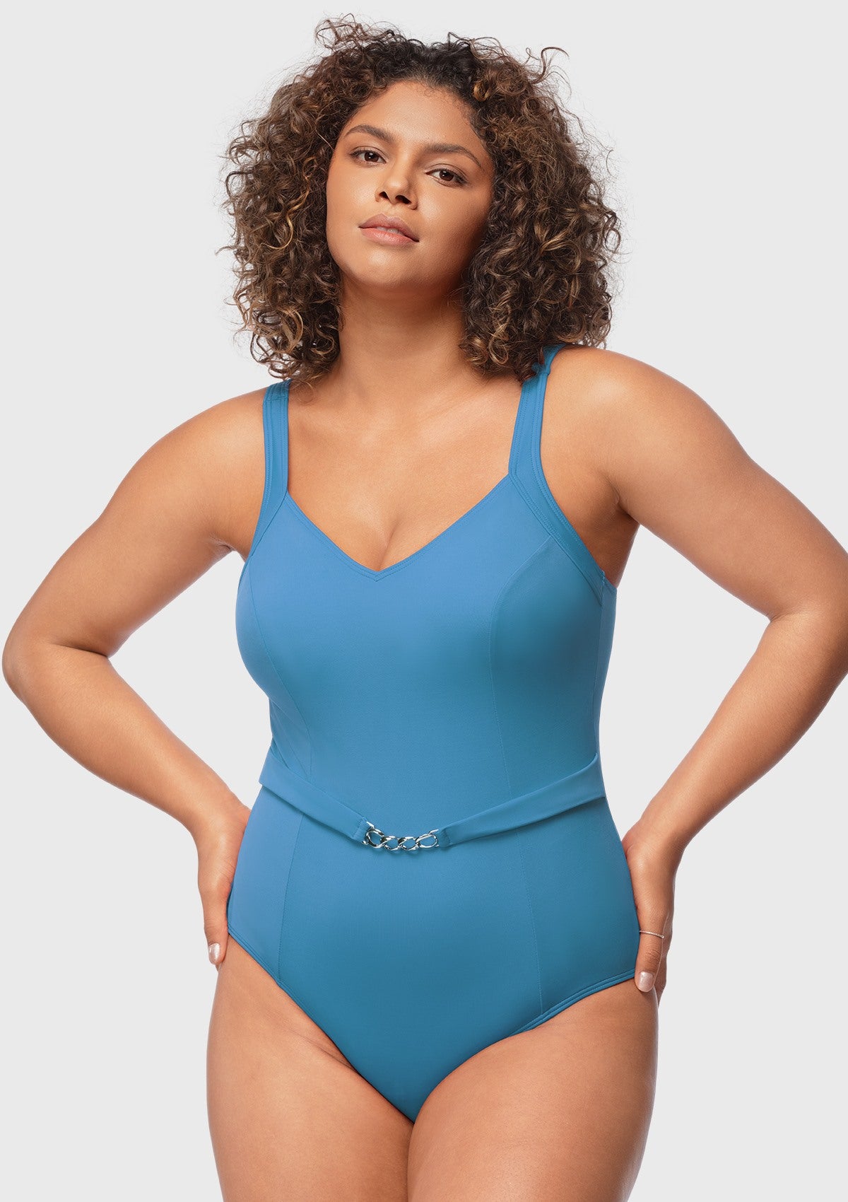 V-Neck Chain Trim One-Piece Swimwear - HSIA