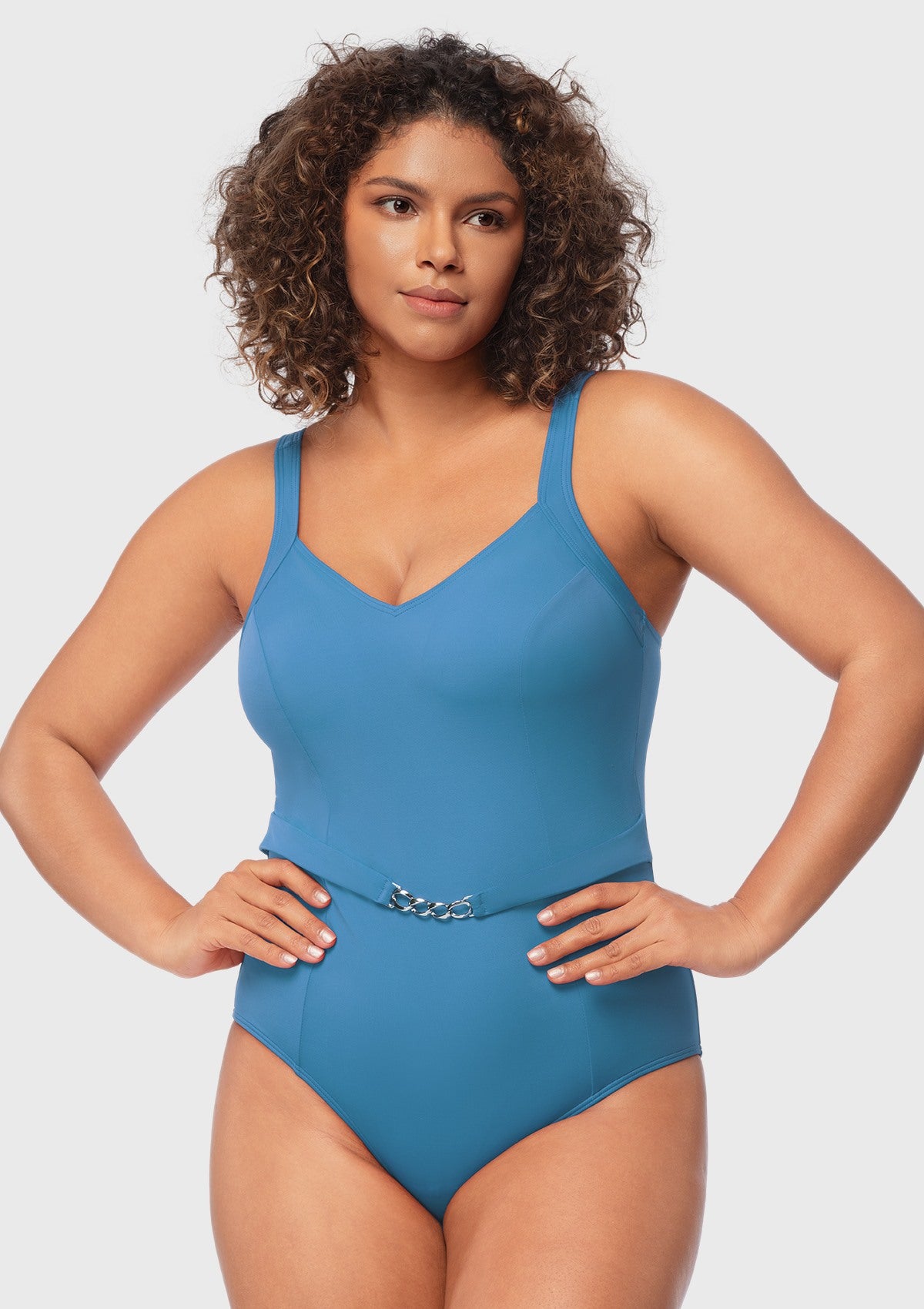 V-Neck Chain Trim One-Piece Swimwear - HSIA