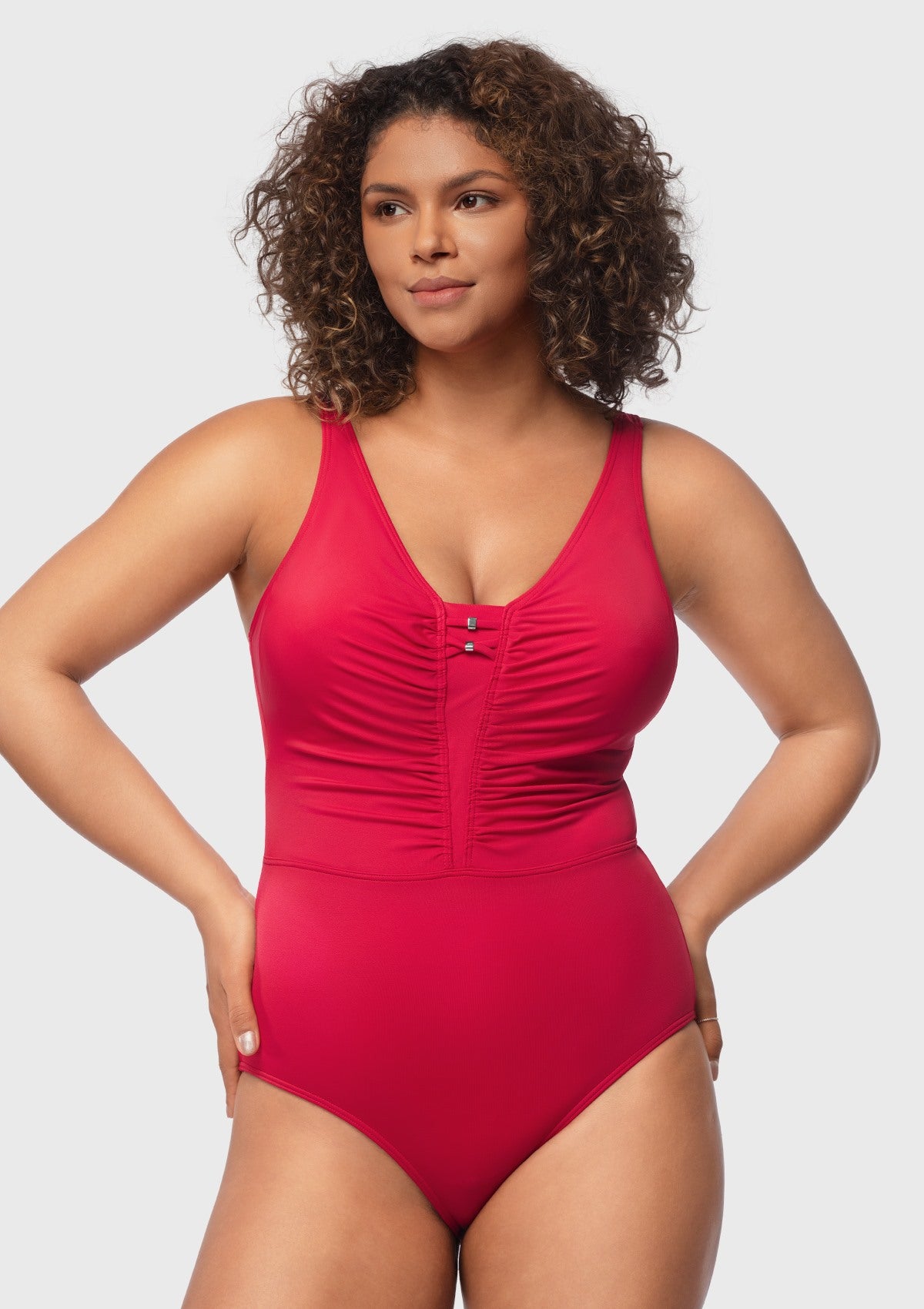 V-Neck Shirred One-Piece Swimwear - HSIA