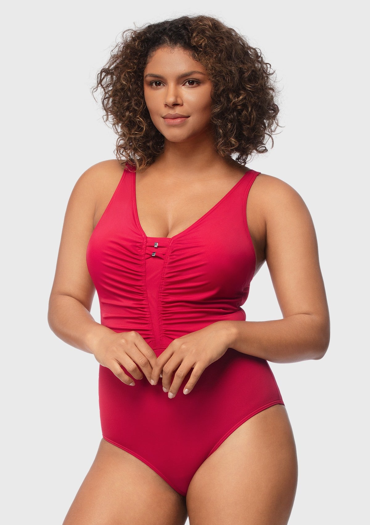 V-Neck Shirred One-Piece Swimwear - HSIA