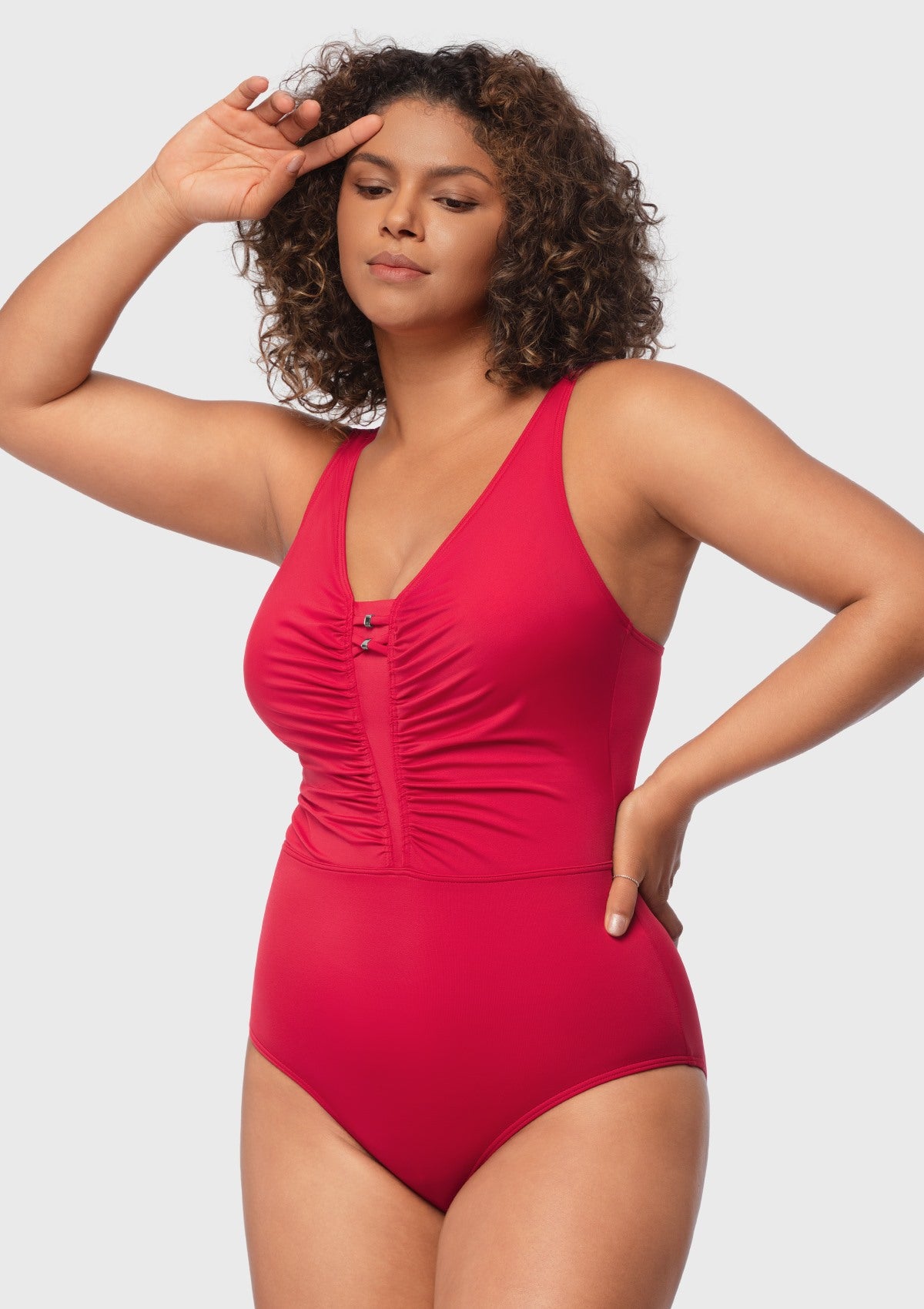 V-Neck Shirred One-Piece Swimwear - HSIA