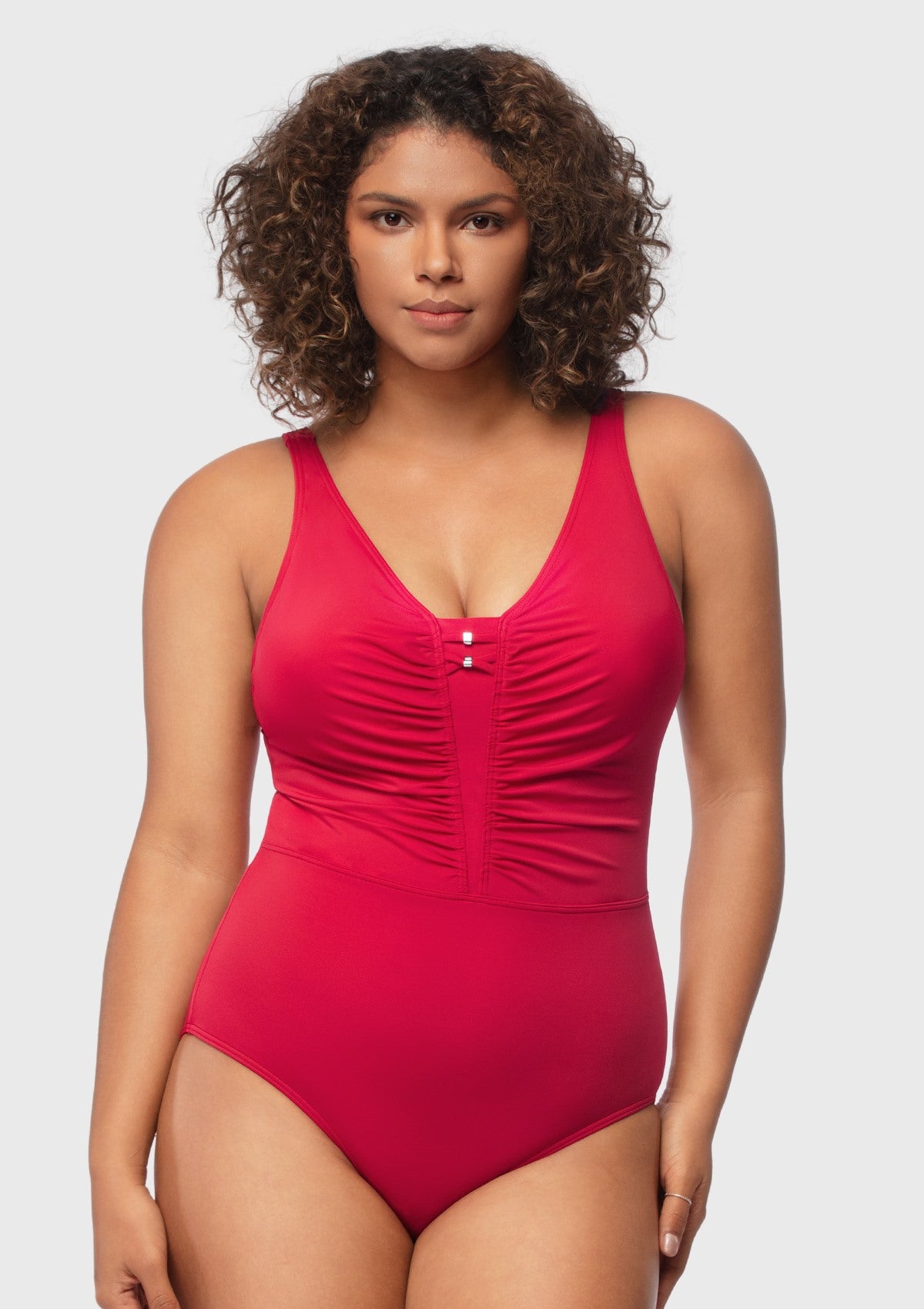 V-Neck Shirred One-Piece Swimwear - HSIA