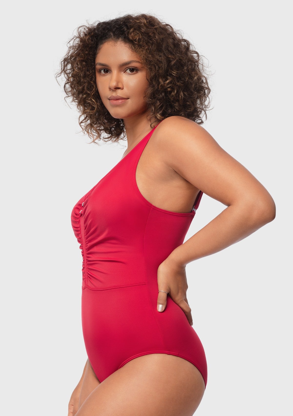 V-Neck Shirred One-Piece Swimwear - HSIA