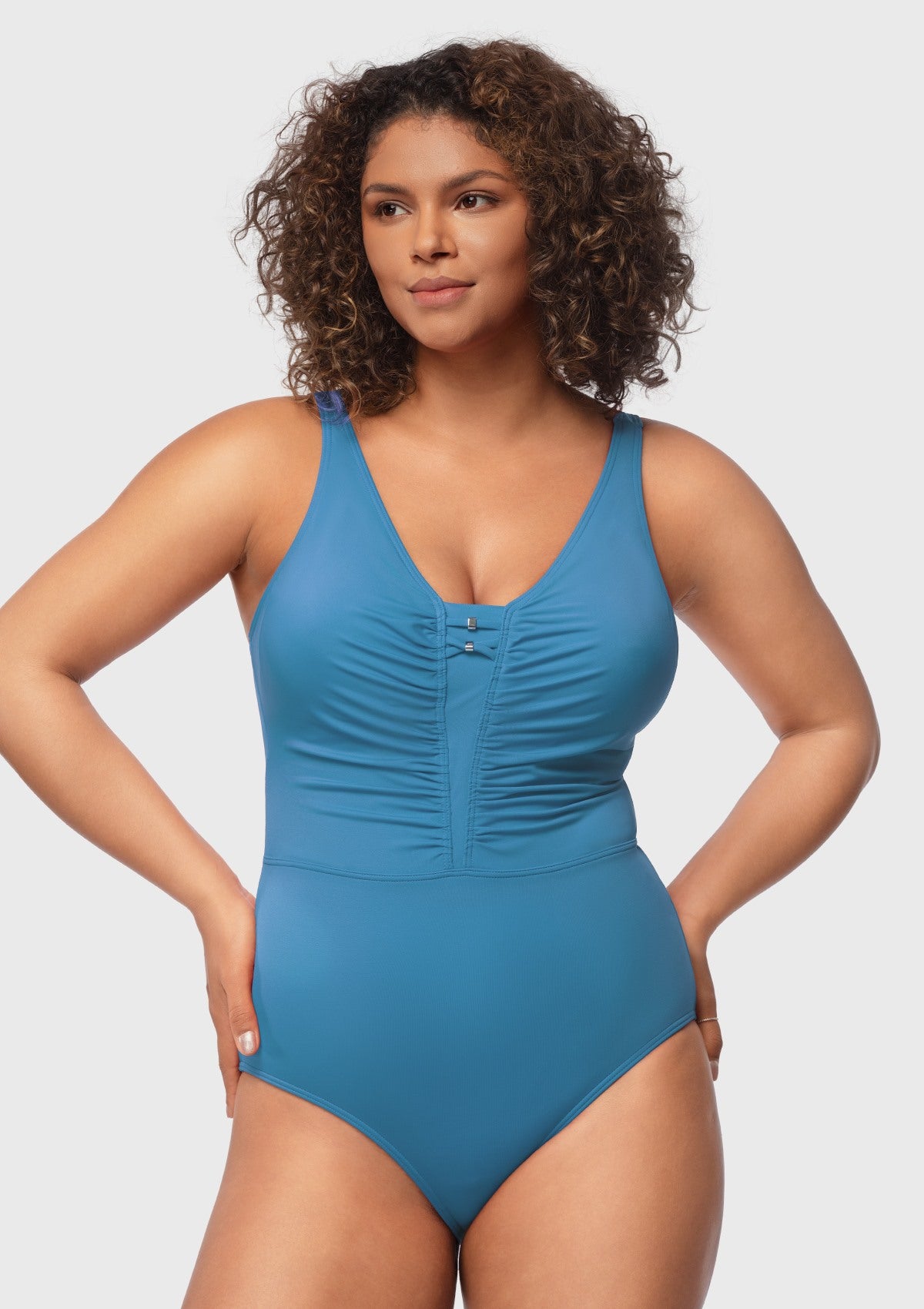 V-Neck Shirred One-Piece Swimwear - HSIA