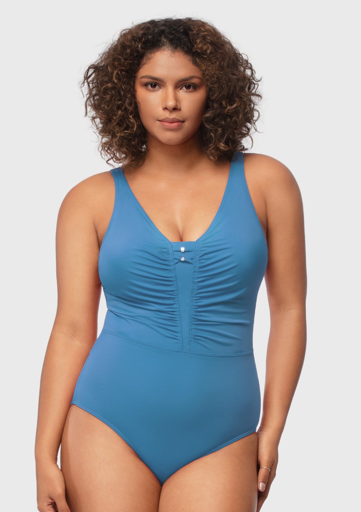 V-Neck Shirred One-Piece Swimwear - HSIA