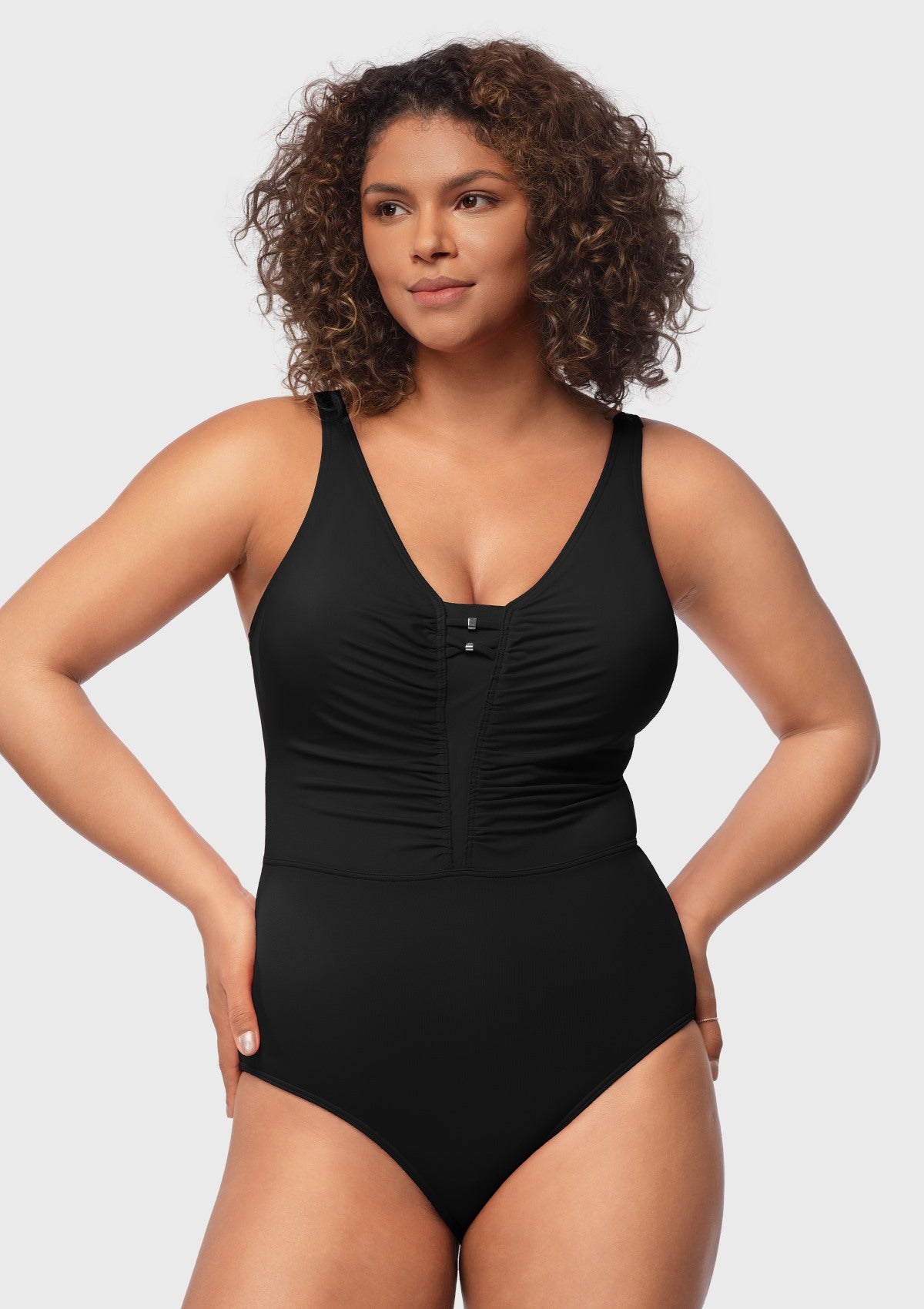 V-Neck Shirred One-Piece Swimwear - HSIA