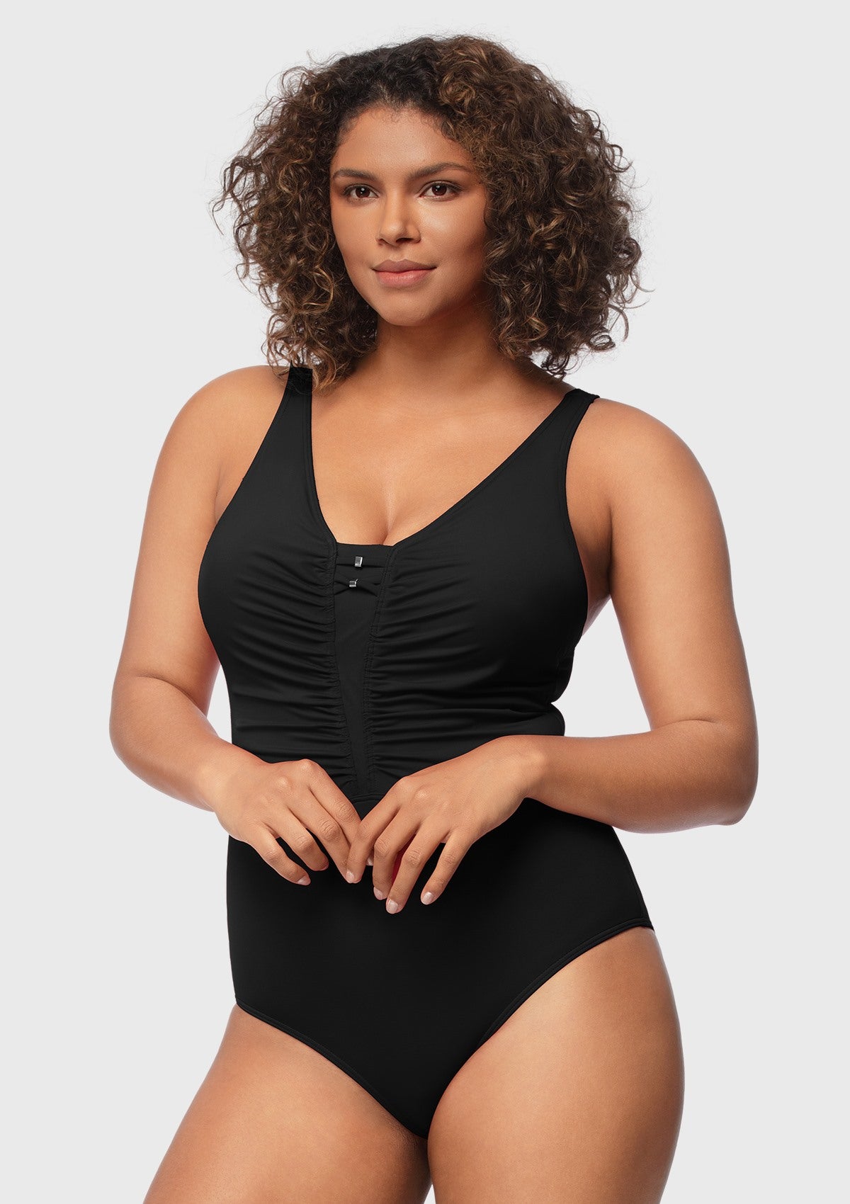 V-Neck Shirred One-Piece Swimwear - HSIA