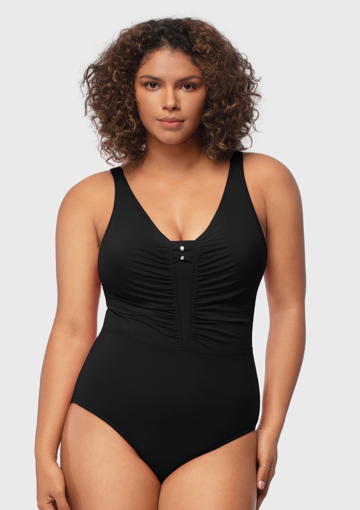 V-Neck Shirred One-Piece Swimwear - HSIA