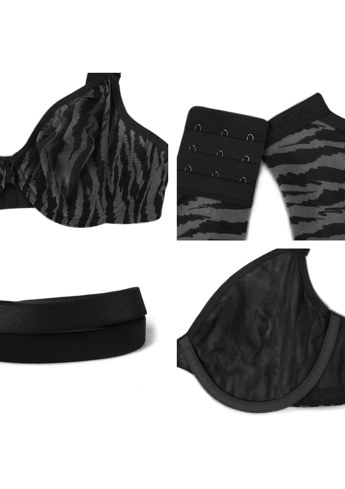 Zebra Wild Black Unlined Underwire Mesh Bra Set - HSIA