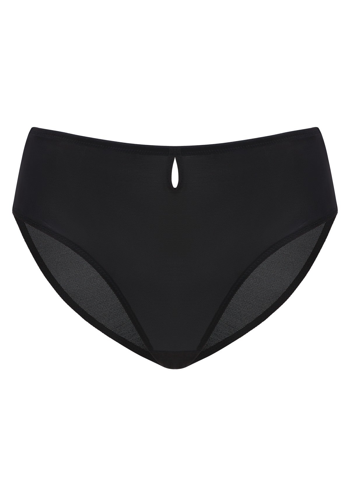 3D product render of black Bella smooth sheer mesh bikini underwear with a 100% cotton crotch.