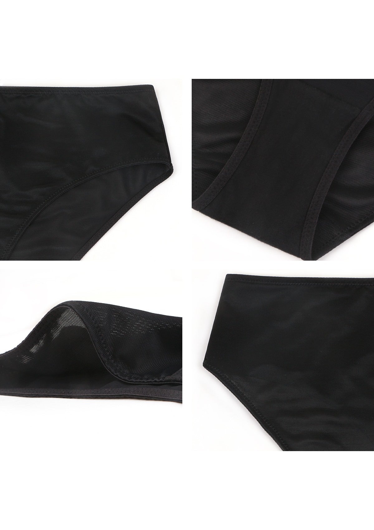 4-grid detail collage of black Bella sheer mesh underwear, showing the super soft lightweight fabric and sewn-on elastic.