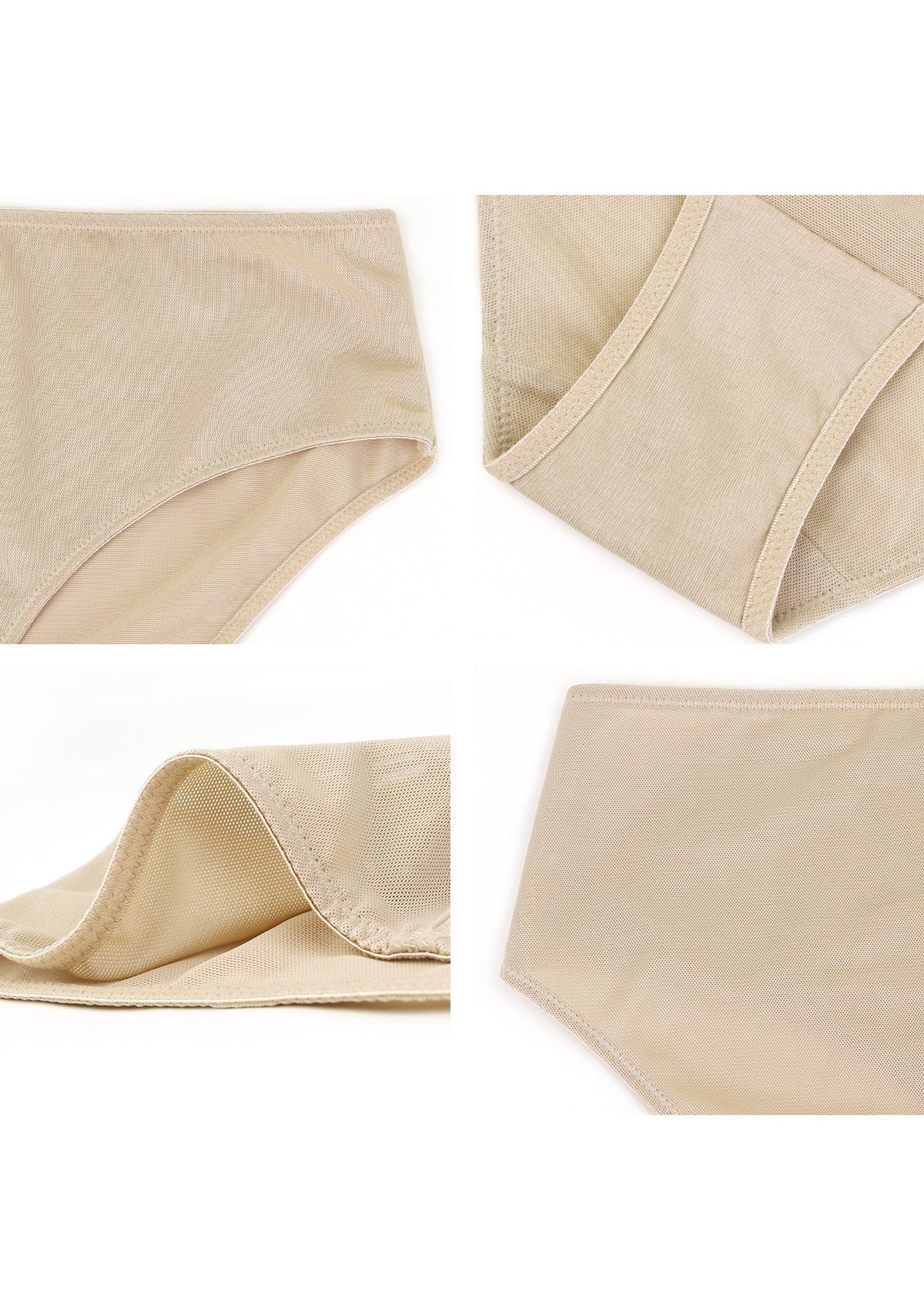 Four-panel detail shots of Natural Nude Bella mesh underwear, highlighting the 100% cotton crotch and seamless edges.