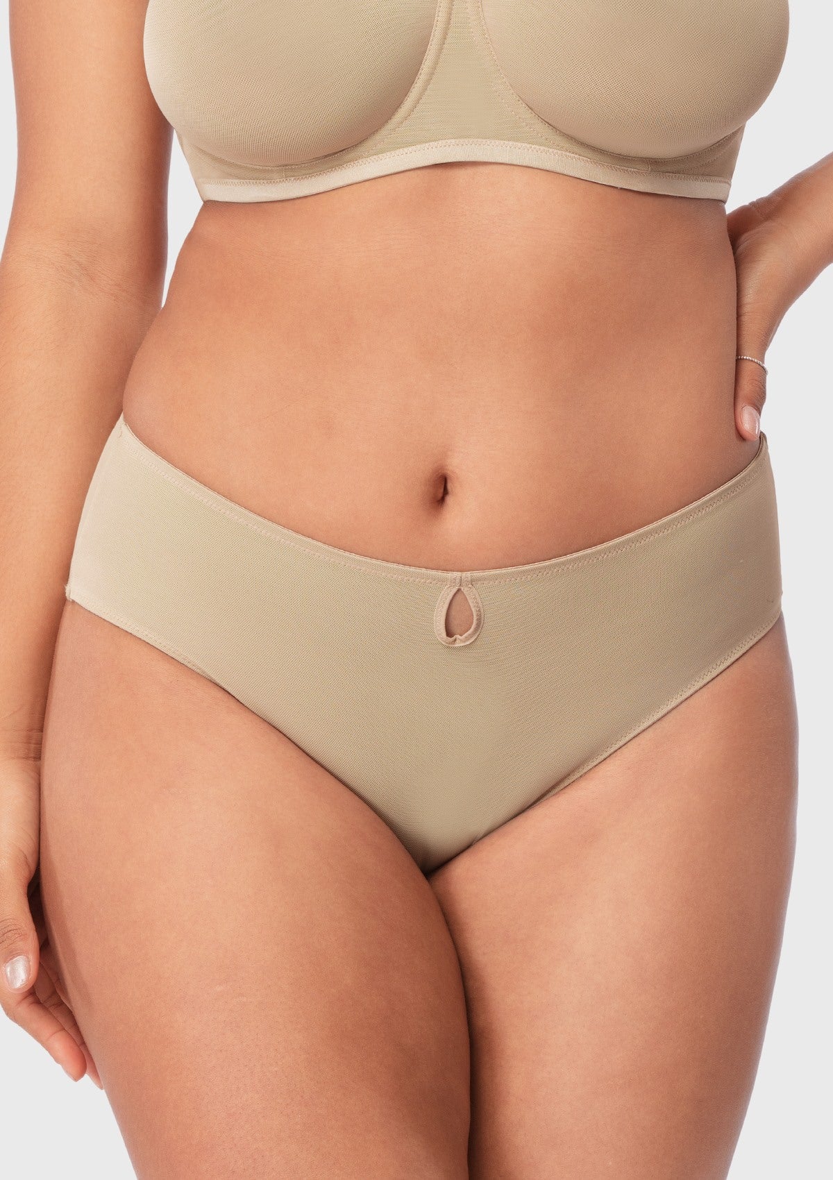 Natural Nude Bella sheer mesh bikini underwear on model, front view, delivering lightweight breathable comfort.