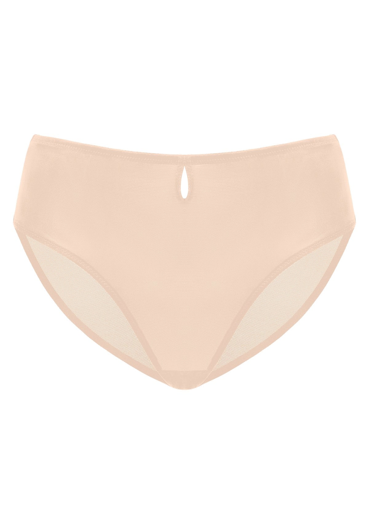 3D render of Warm Beige Bella sheer mesh bikini underwear, featuring a stretch scratch-less material.