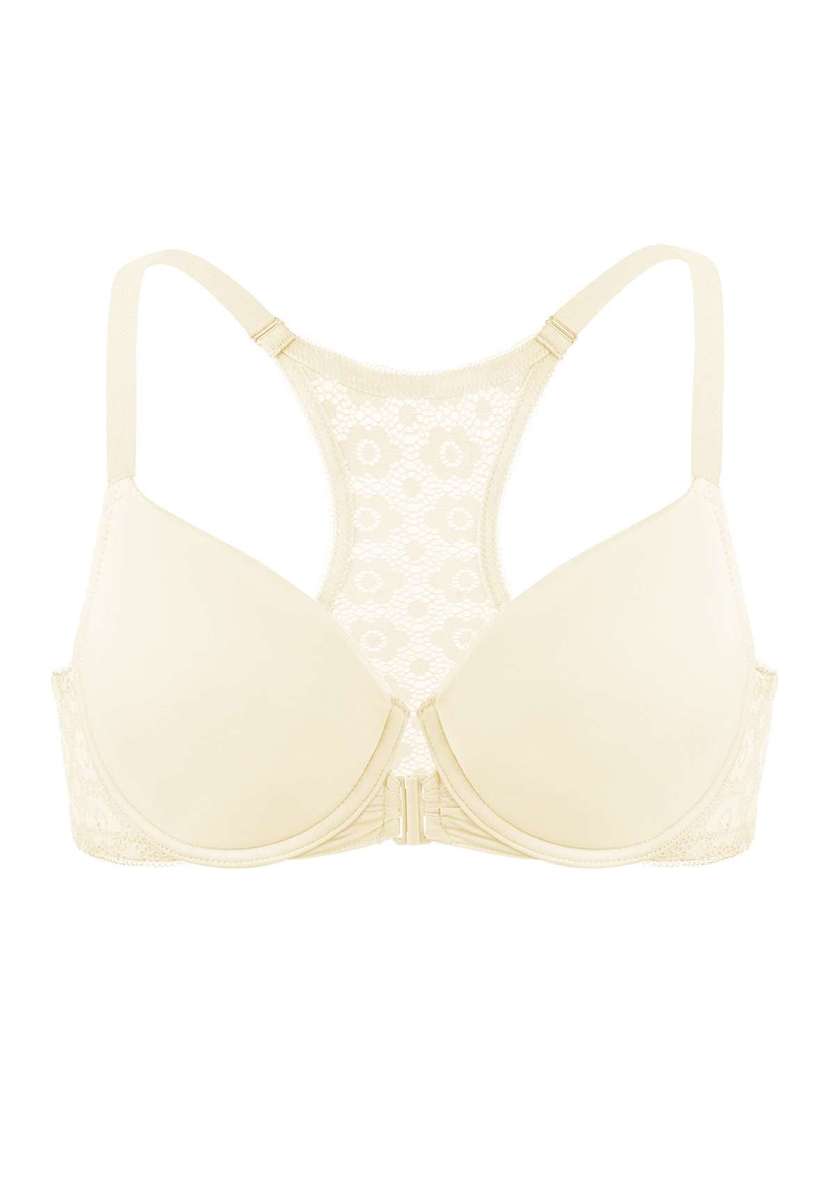 Serena Front-Close Champagne Lace-Back Racerback Underwire Bra Set - HSIA