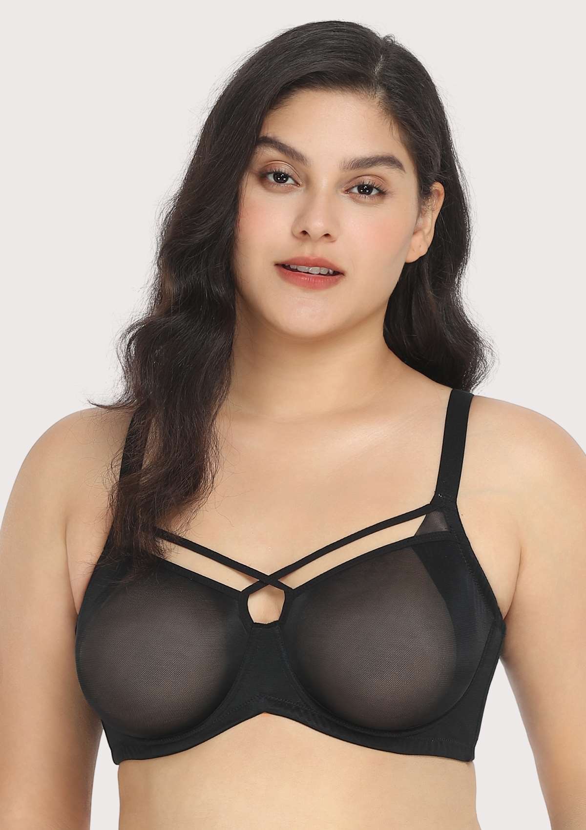 Billie Cross Front Strap Black Smooth Sheer Mesh Underwire Bra Set - HSIA