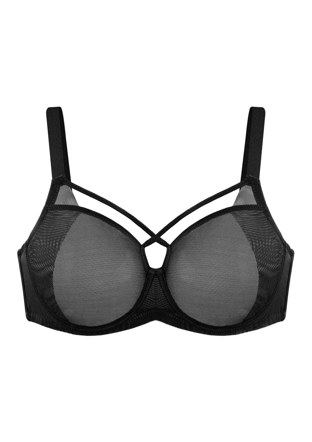 Billie Cross Front Strap Black Smooth Sheer Mesh Underwire Bra Set - HSIA