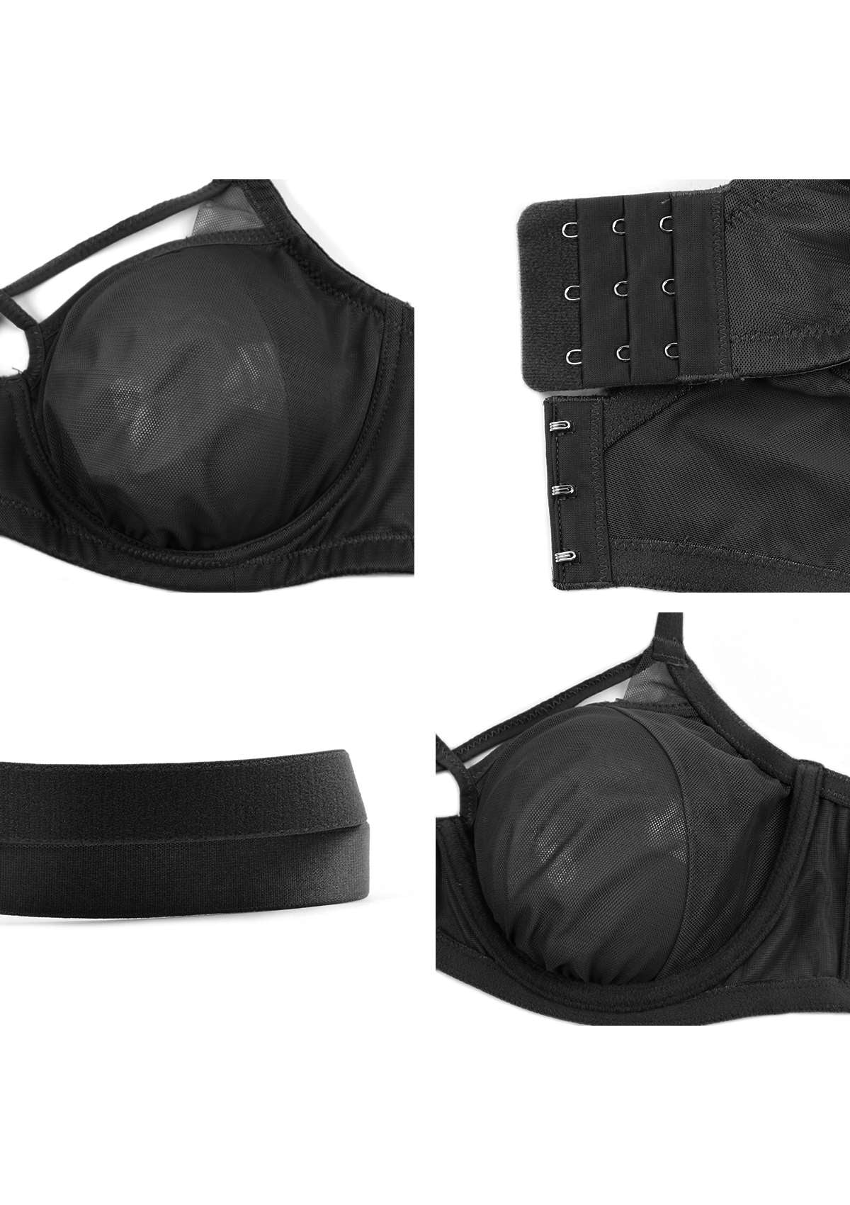 Billie Cross Front Strap Black Smooth Sheer Mesh Underwire Bra Set - HSIA