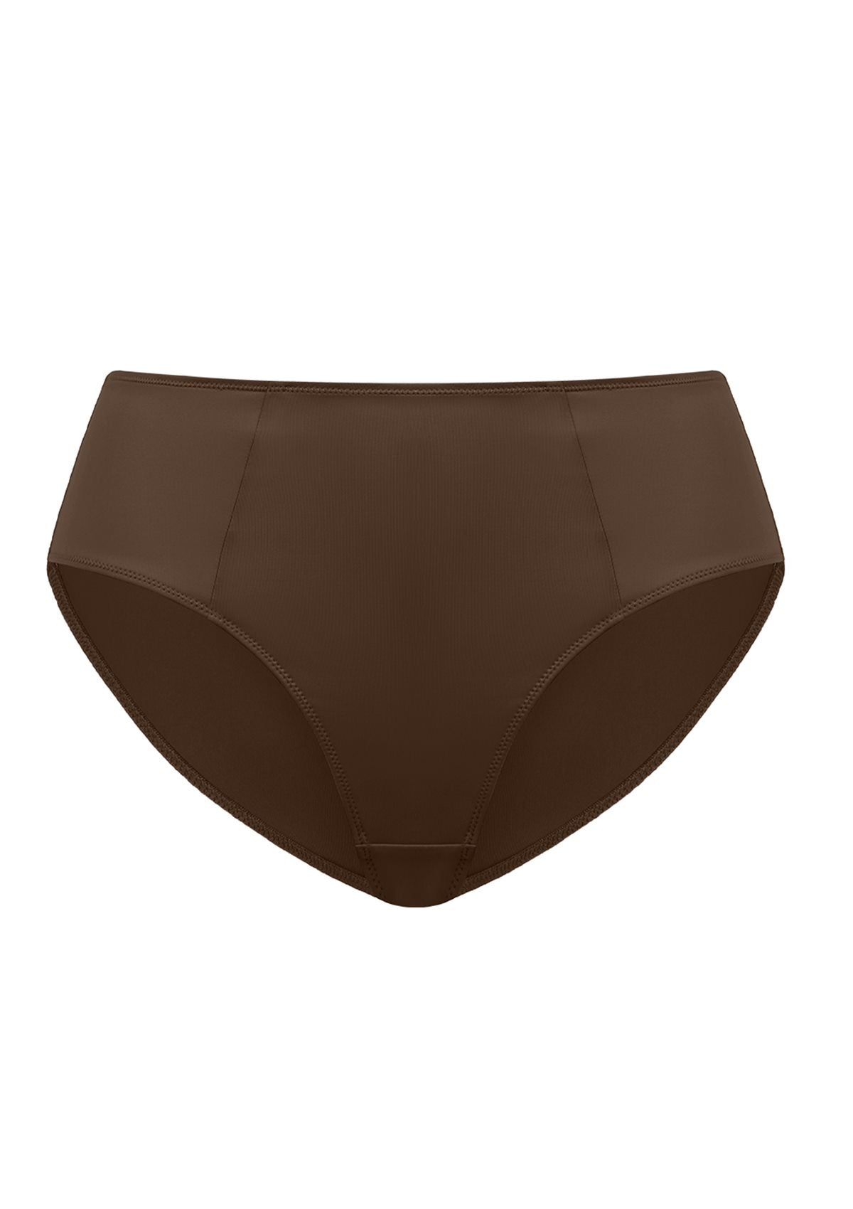 Detailed studio product view of the Cocoa Brown HSIA CoolComfort mid-rise brief, emphasizing the premium smooth finish that perfectly matches the CoolComfort bra.