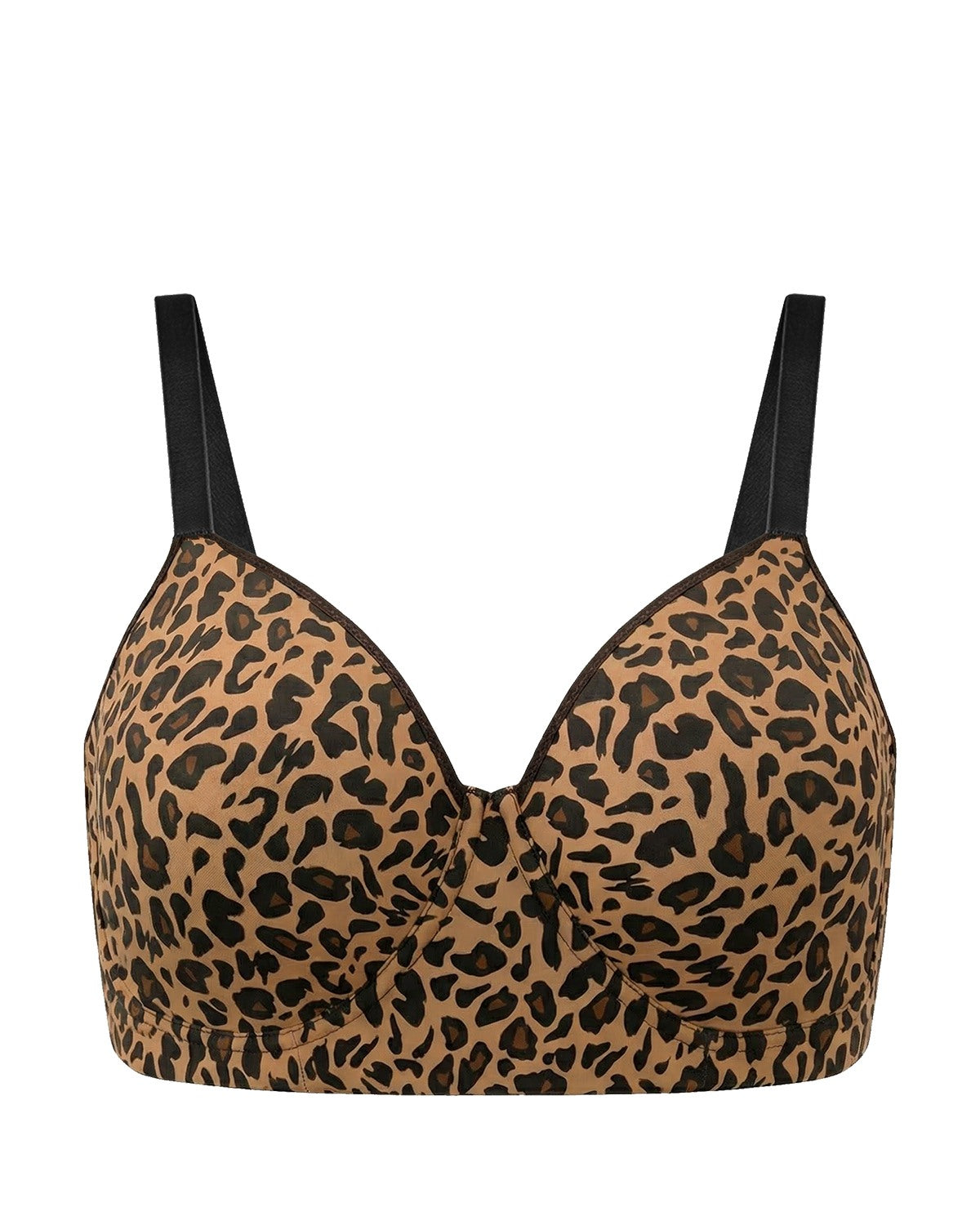 Studio flat lay of the leopard print Delia longline T-shirt bra, featuring wide comfort straps engineered for the fuller bust.
