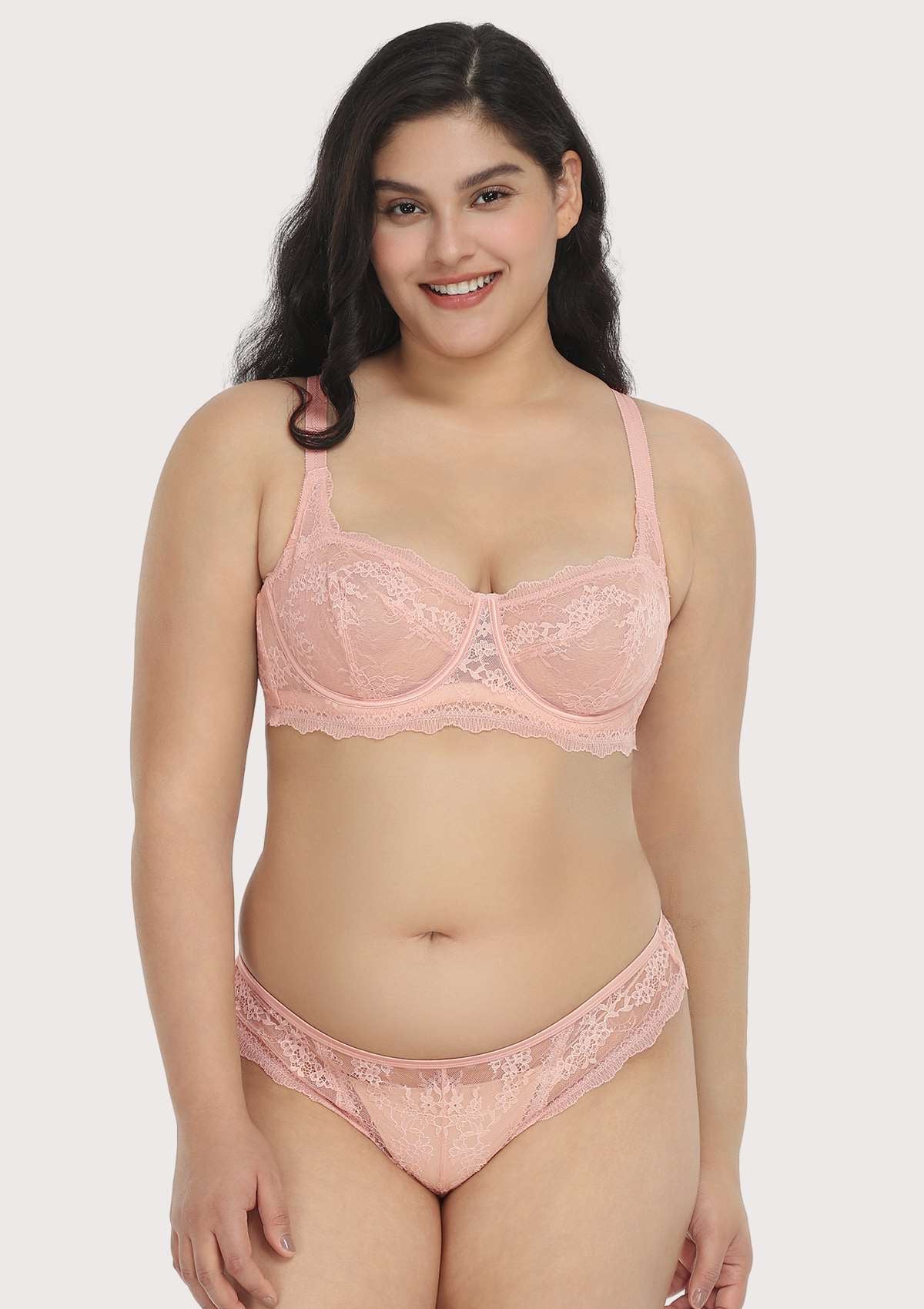 HSIA Floral Lace Unlined Bridal Pink Balconette Bra Set - HSIA