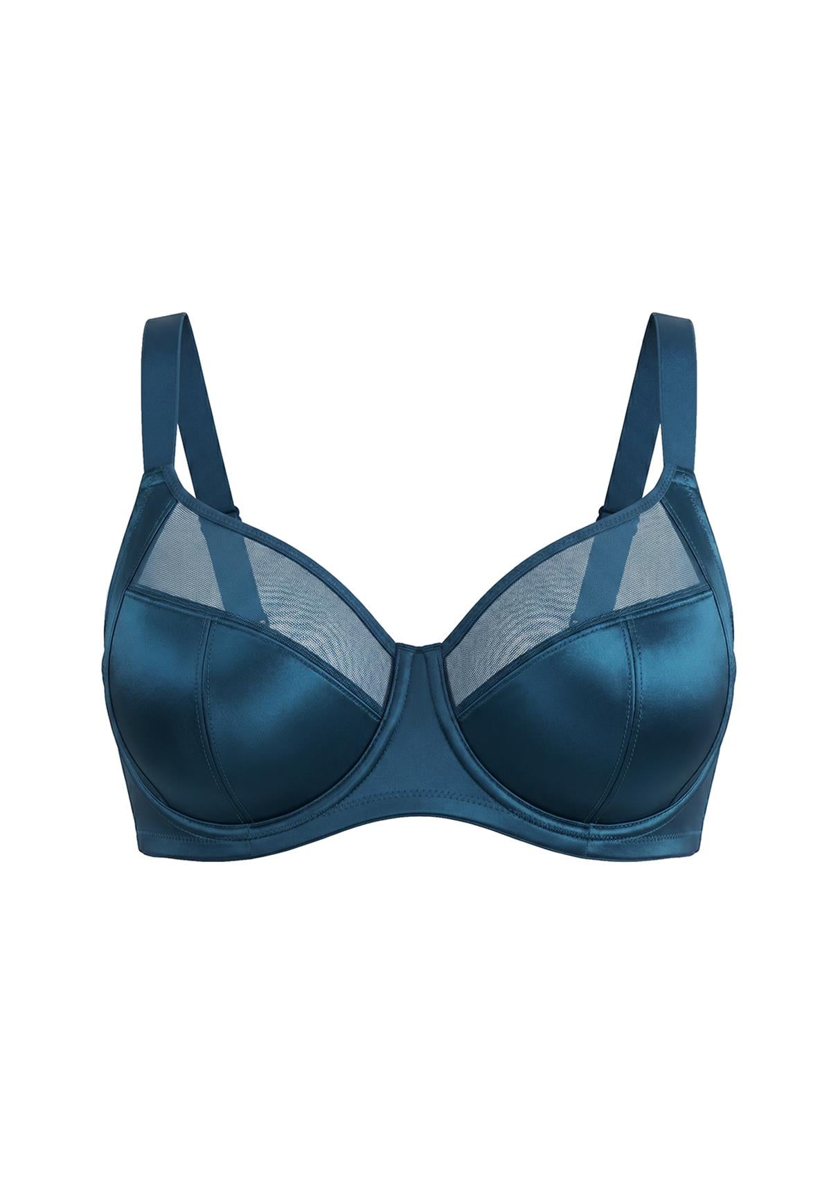 Studio flat lay of the Ocean Blue Lunaire shimmer bra, emphasizing the elevated center gore and luminous bottom cup fabric.