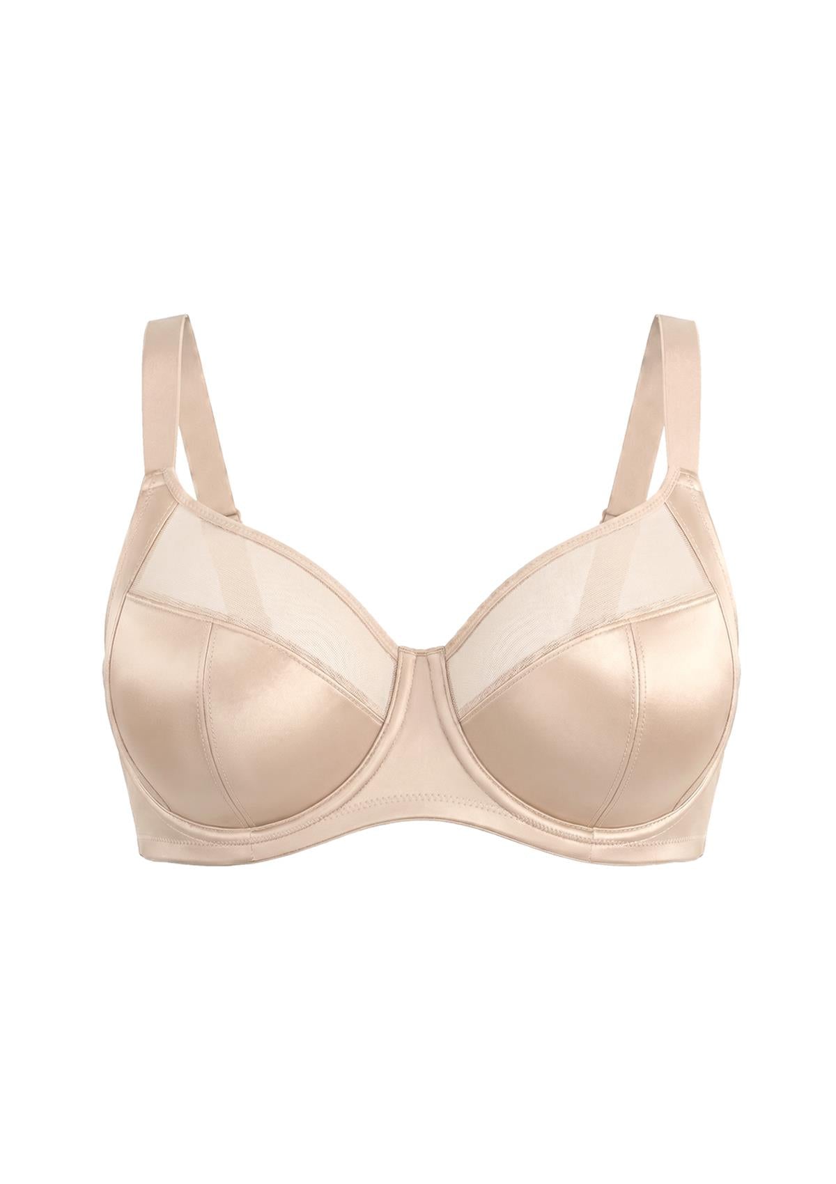 White background view of the Light Beige HSIA Lunaire plus size bra, showcasing the breathable sheer mesh and luxurious everyday shimmer design.