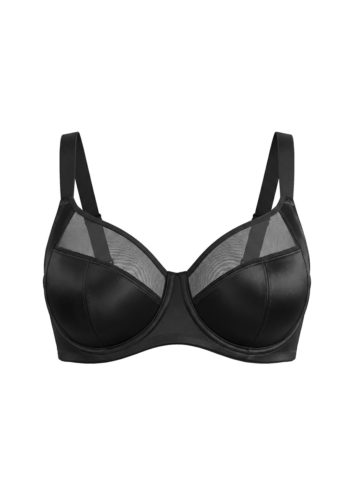 Studio flat lay of the classic Black HSIA Lunaire unlined underwire bra, highlighting the architectural T-shape seam and elegant shimmer fabric.