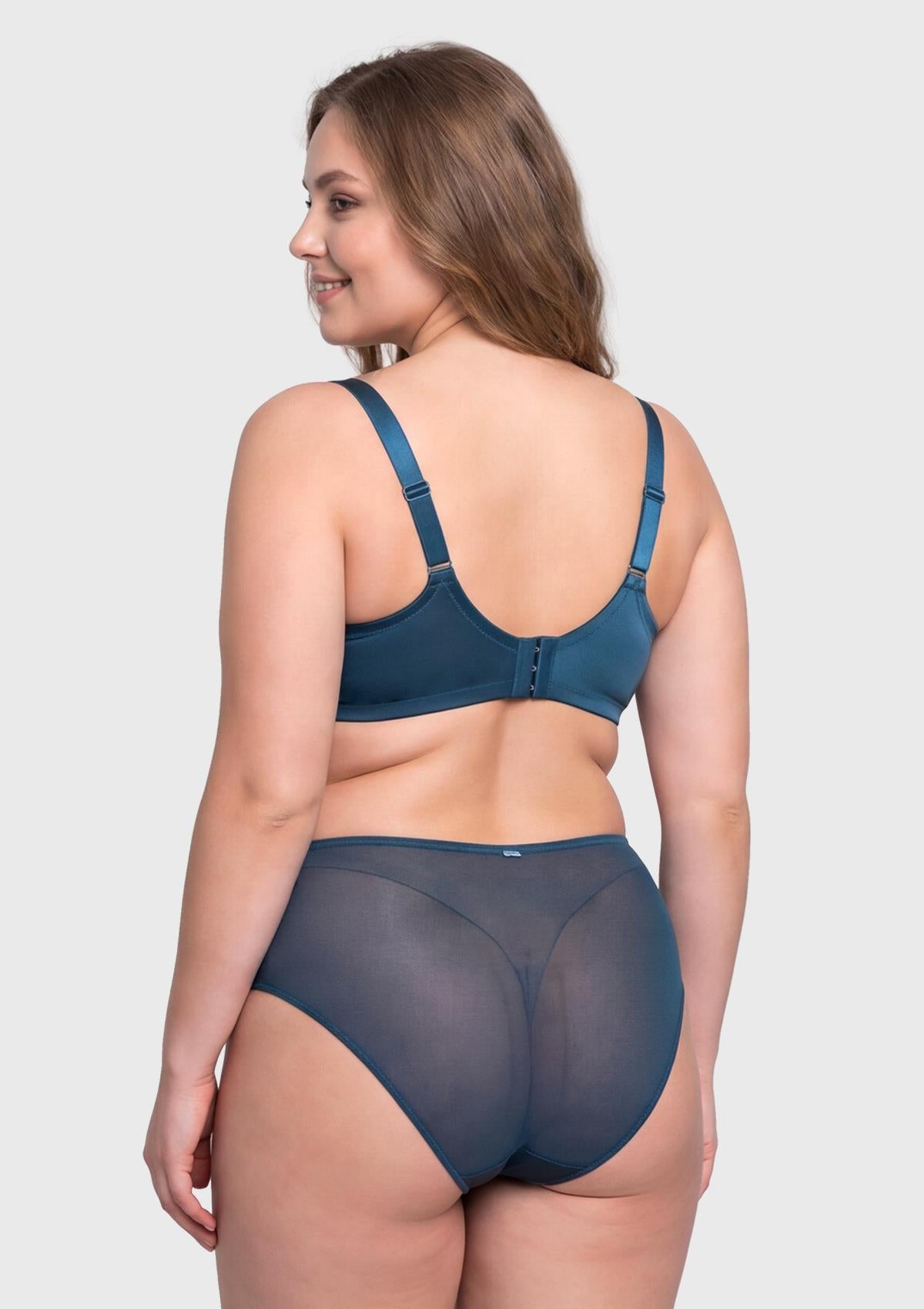 Rear view of the Ocean Blue Lunaire bra, demonstrating the smoothing U-shaped power back anchor system and adjustable wide straps.