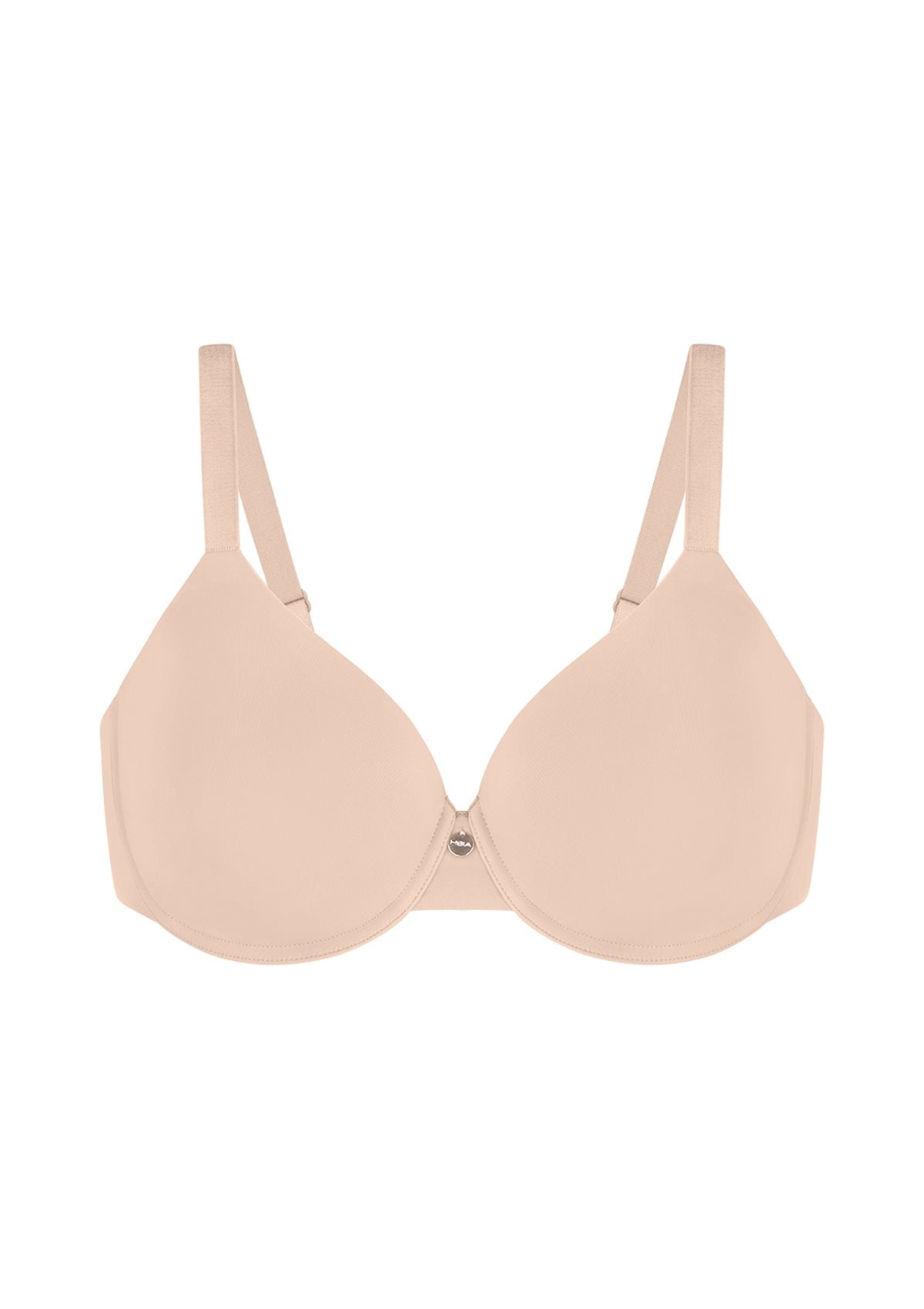 Studio flat lay of the Light Beige Mia lightly lined bra, emphasizing the breathable ventilated cup interiors and clean bandless design.