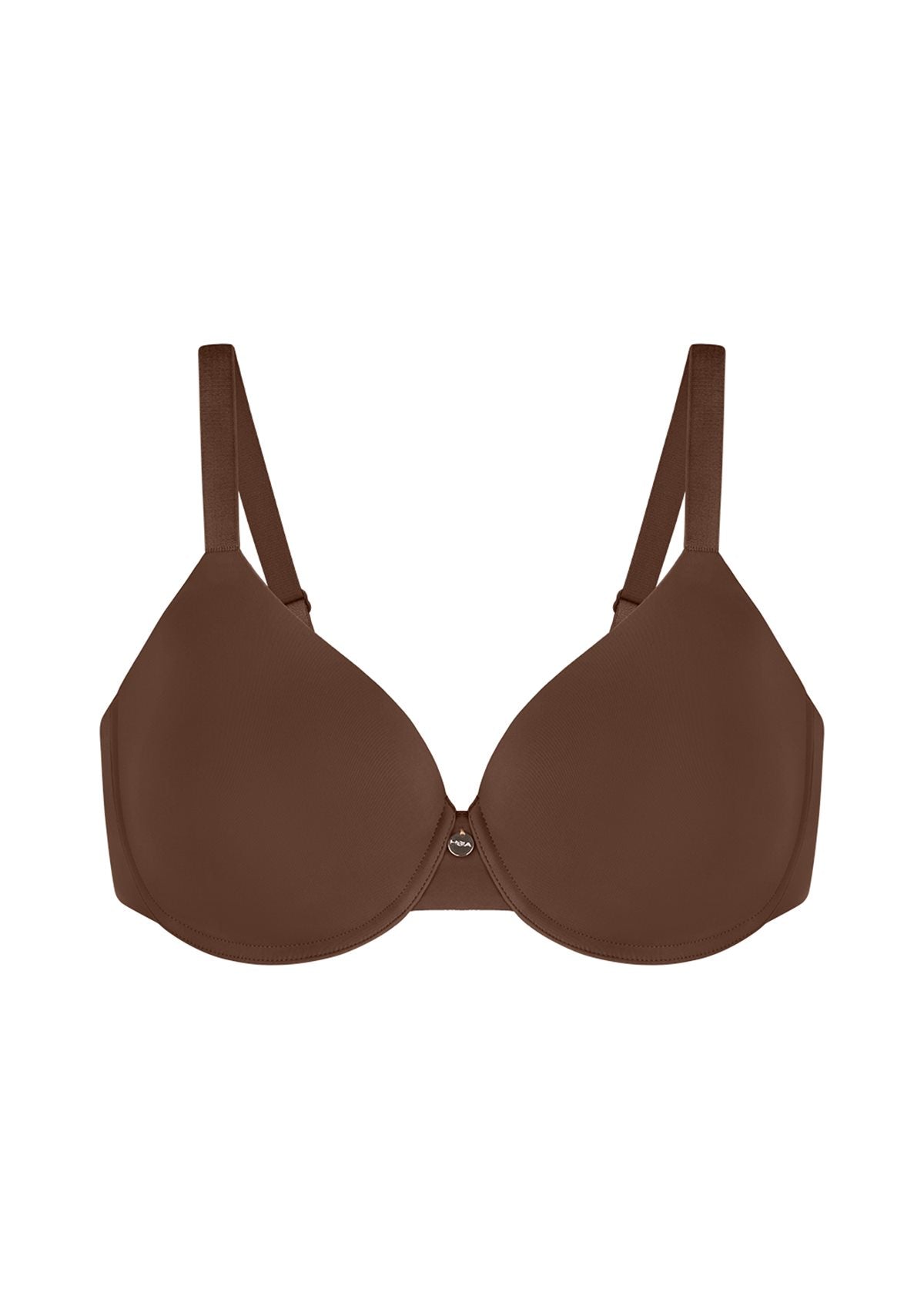 Professional studio shot of the Coffee Brown HSIA Mia bra, showcasing the pill-resistant Lycra fabric and tagless design for everyday comfort.
